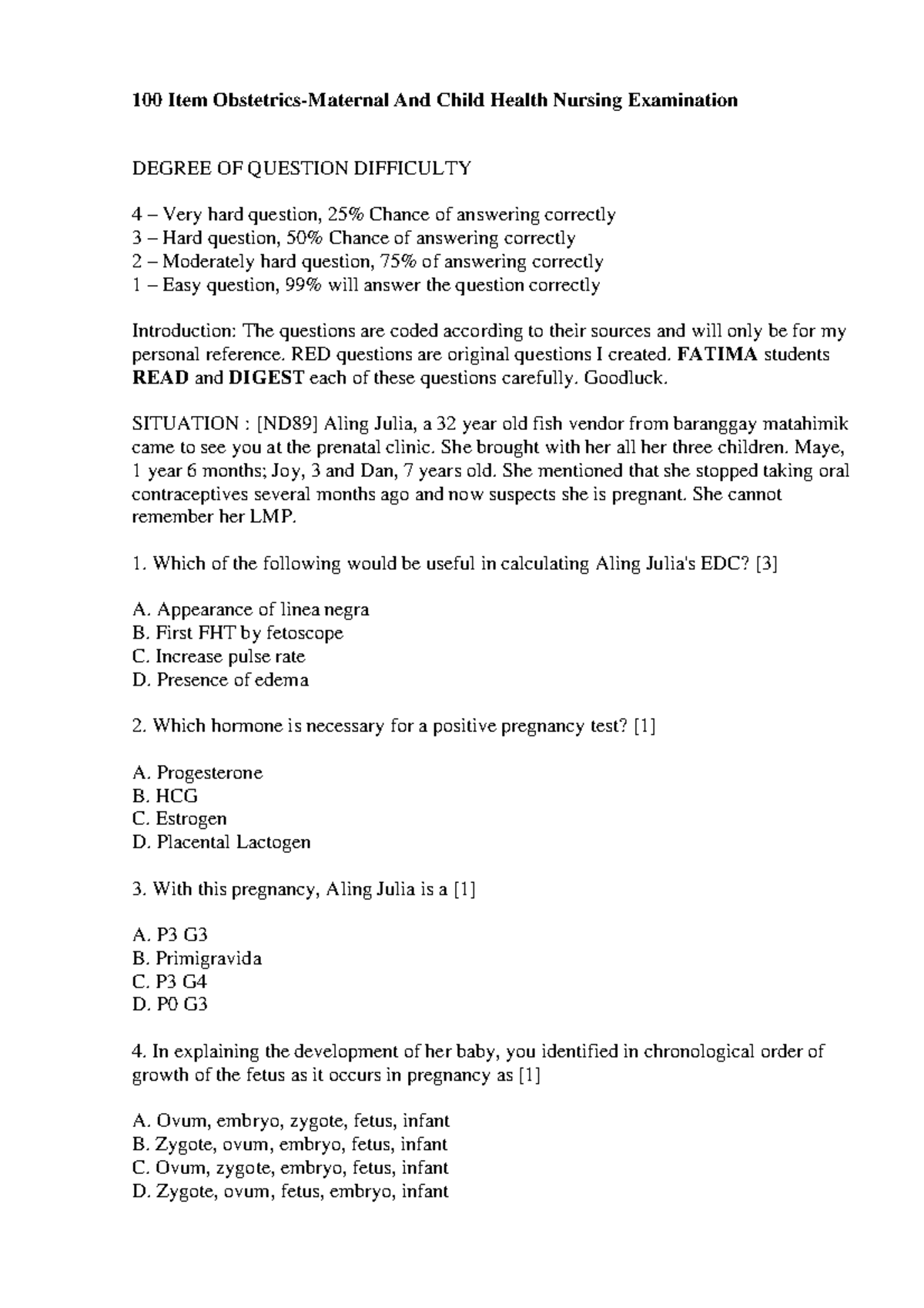 100 Item Obstetrics - Maternal & Child Health Nursing Exam Review - Studocu
