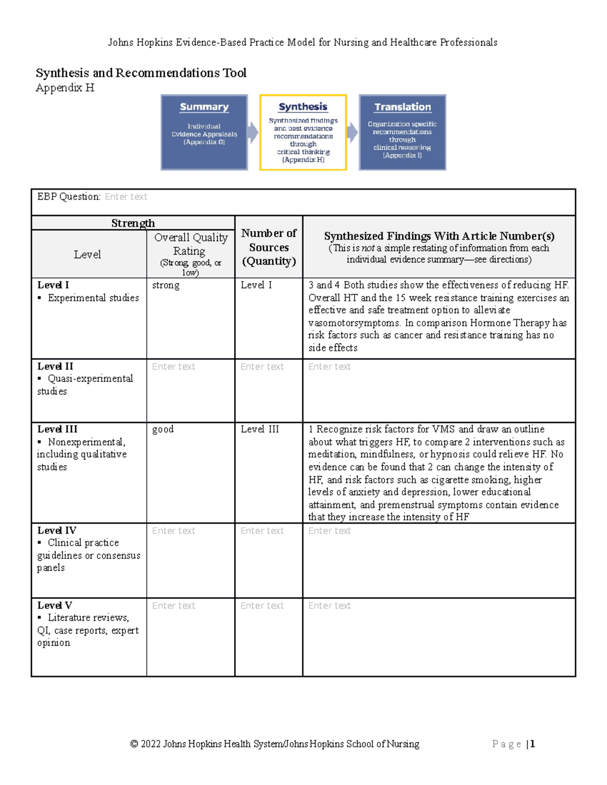 Appendix H - Synthesis and Recommendations Tool Appendix H EBP Question ...