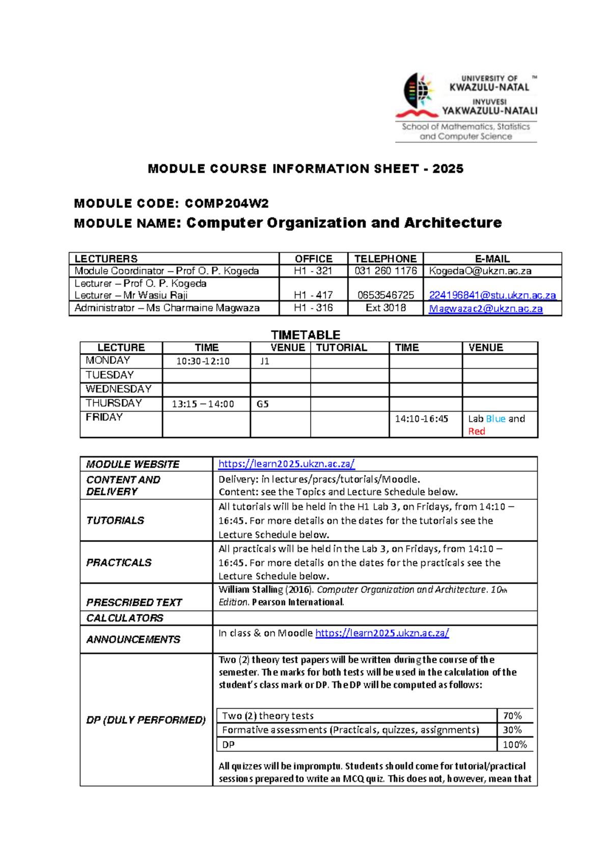 Course Outline for COMP204: Computer Organization and Architecture 2025 ...