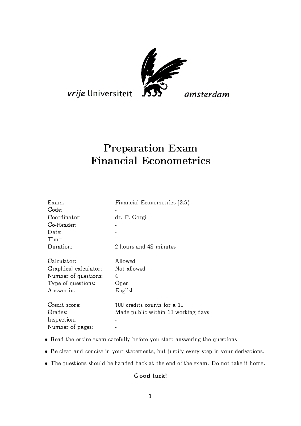 Financial Econometrics (3) - Sample Exam Preparation Guide - Studeersnel