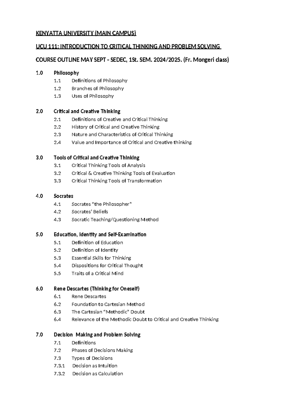 UCU 111: Introduction to Critical Thinking & Problem Solving Summary ...