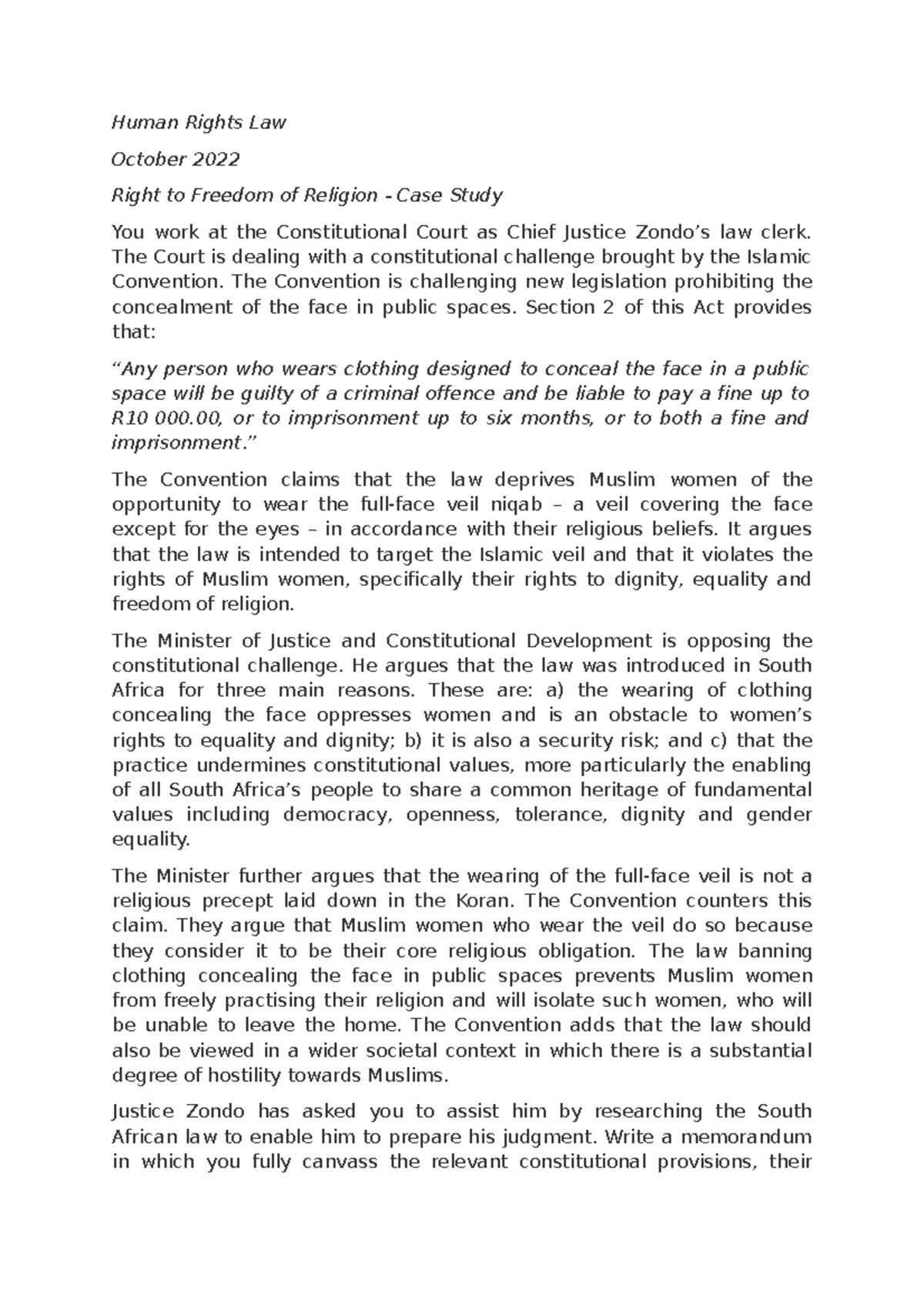 Human Rights Law Case Study: Religious Freedom & Face Concealment - Studocu