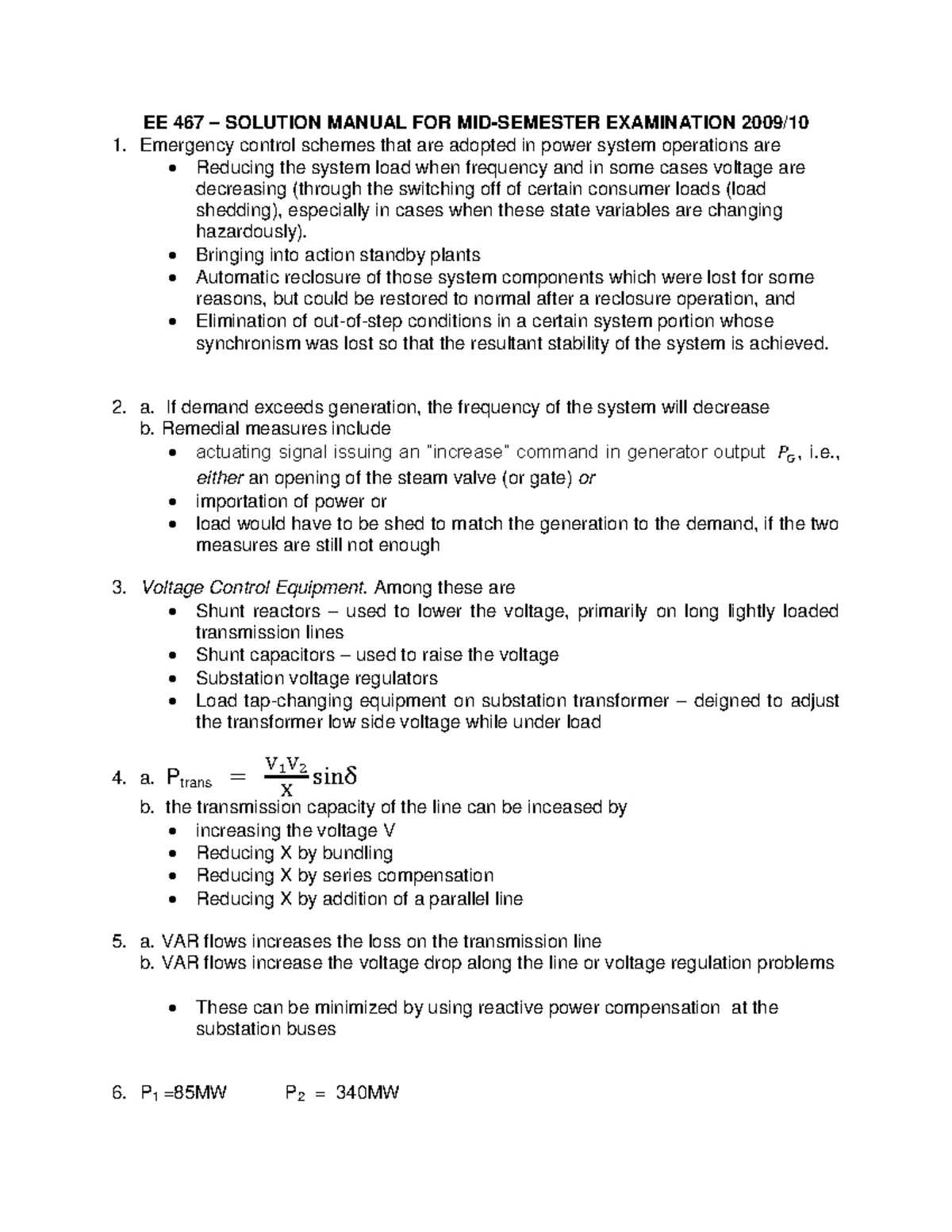 EE 467 - Lecture Notes on Power Systems Operation & Control - Studocu