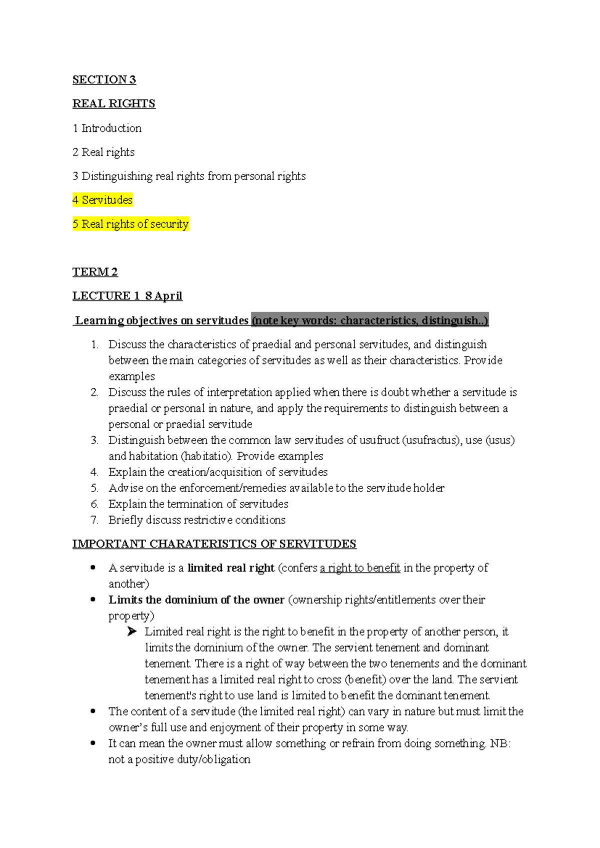 Real Rights and Servitudes: Key Concepts and Characteristics - LAW 101 ...