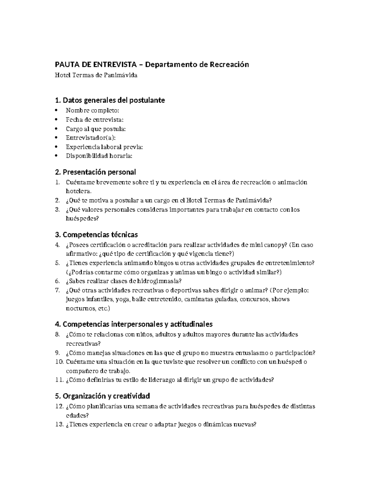 Entrevista para Cargo en Recreación - Hotel Termas de Panimávida ...