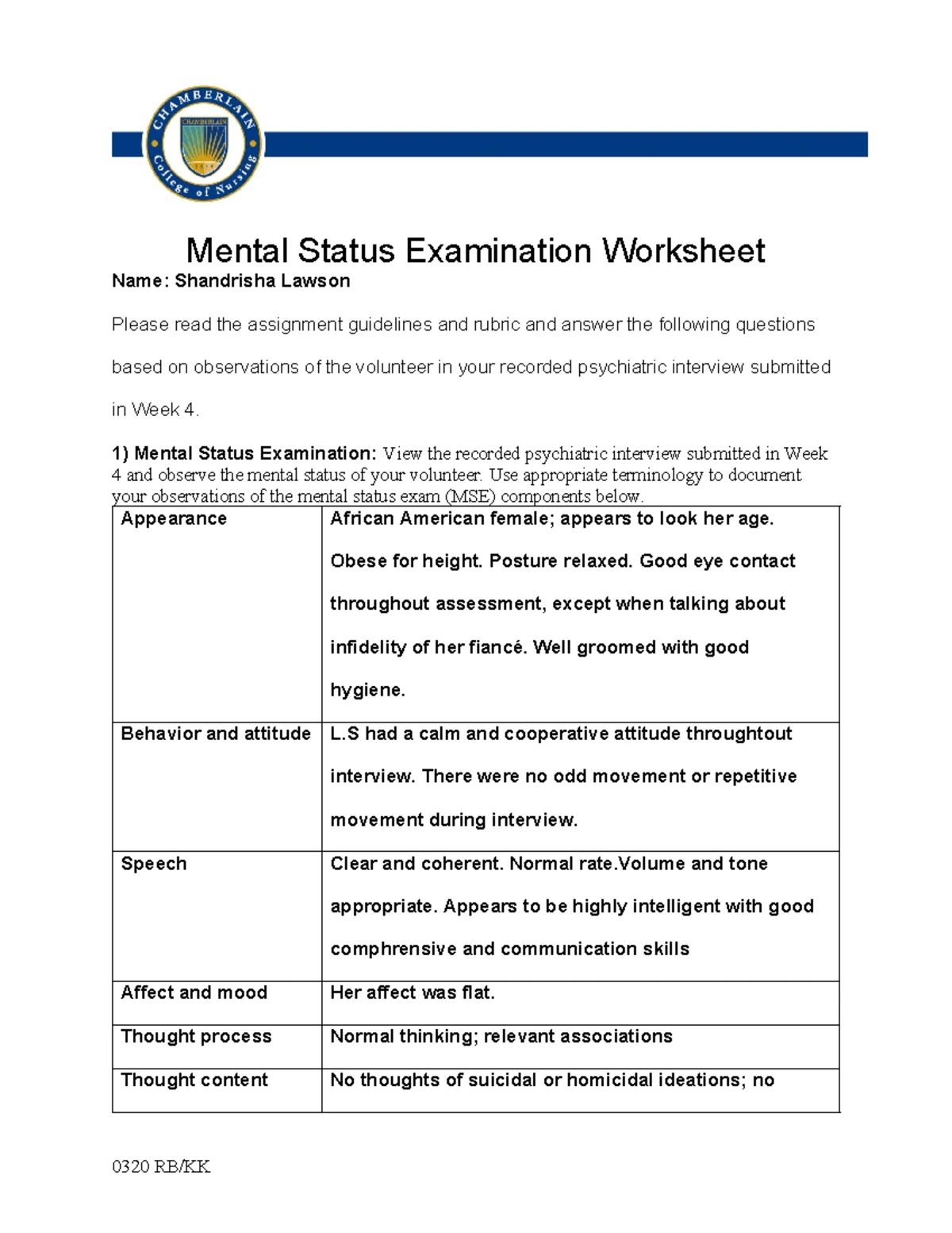 NR548 MSE Worksheet: Guidelines for Psychiatric Interview Analysis ...