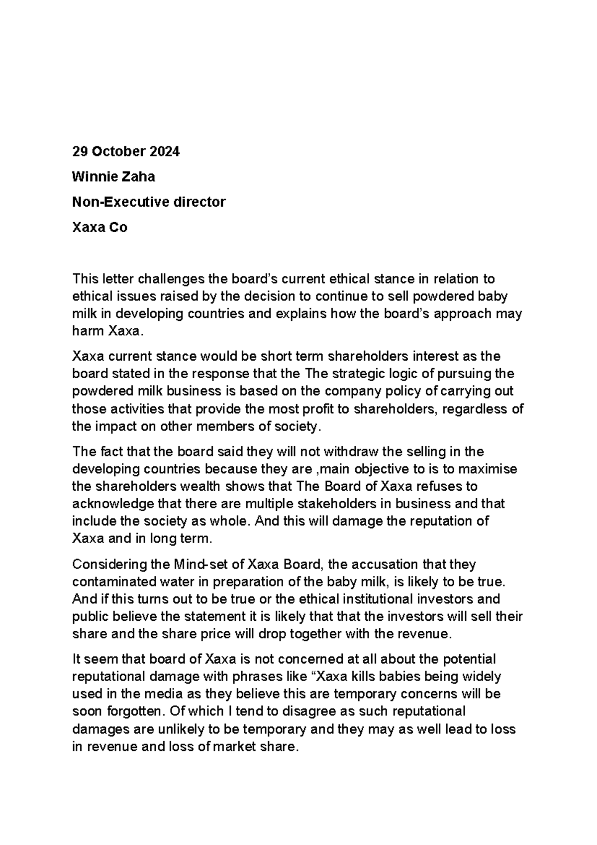 SBL MOCK 1 2024: Ethical Governance Challenges at Xaxa Co. - Studocu
