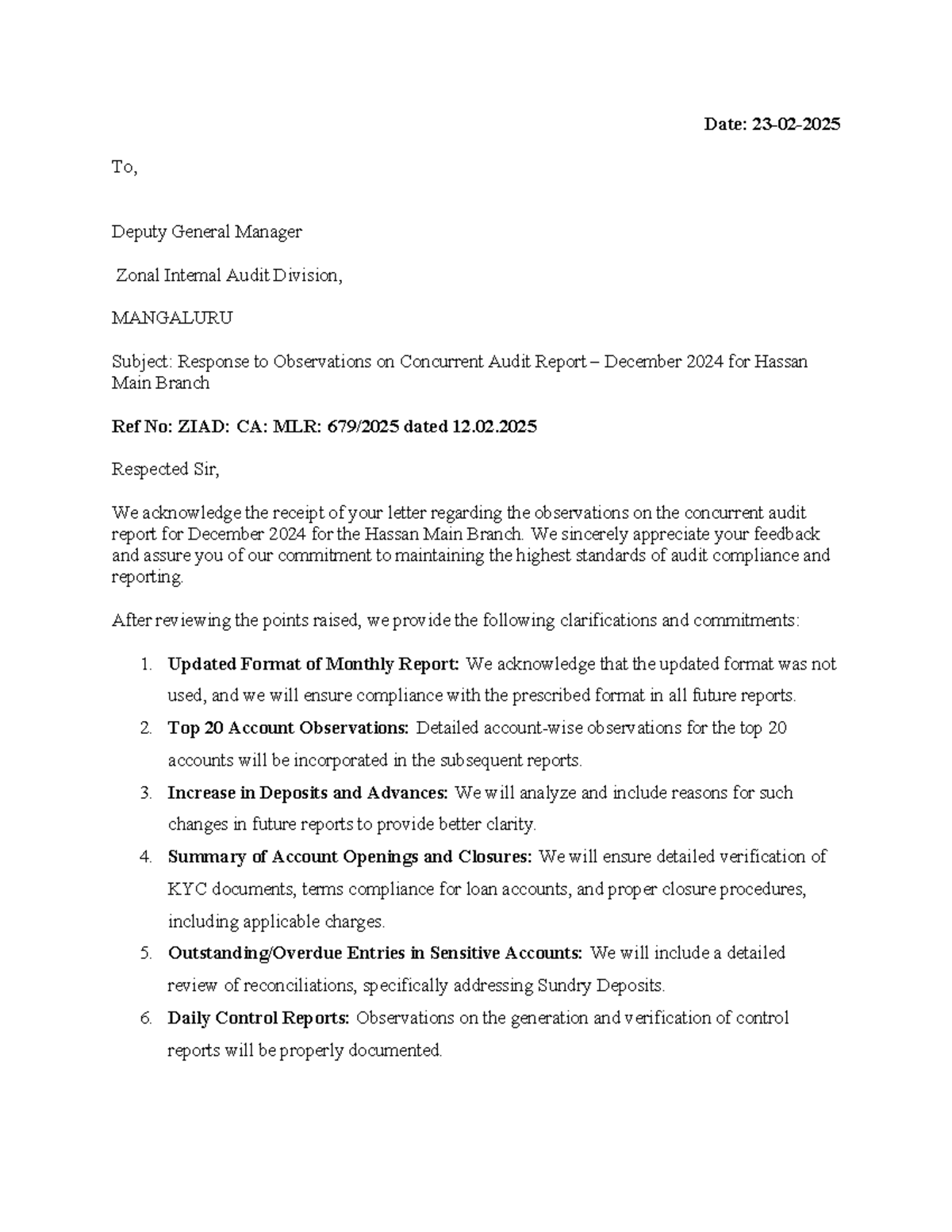 Response to Concurrent Audit Observations - Dec 2024 for HASSAN MAIN ...