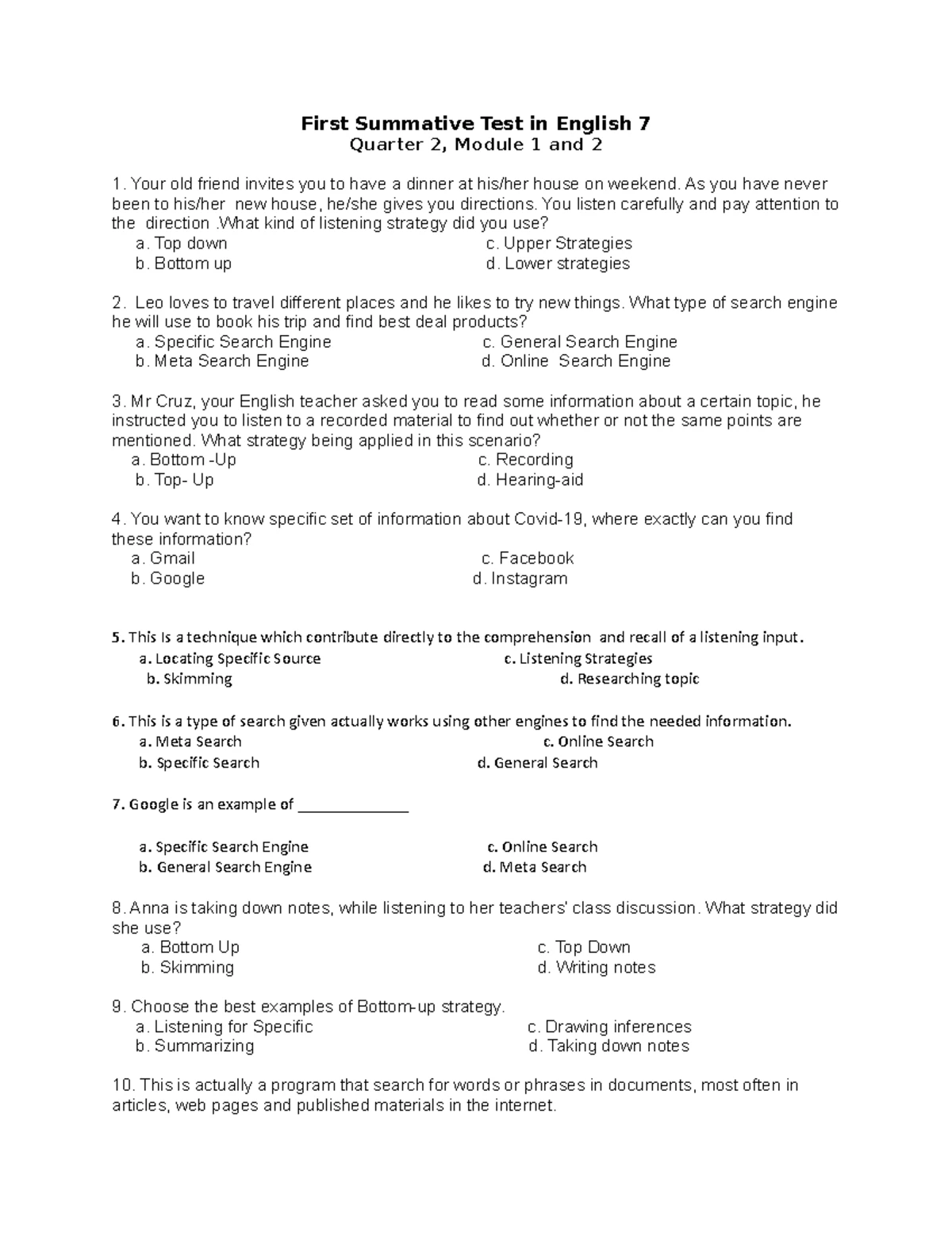 Summative test 3rd quarter - English 7 First Summative Test (Module 1 ...