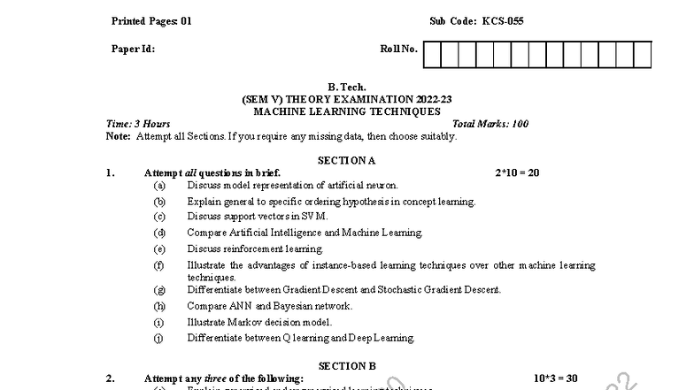 Machine Learning Techniques Exam Notes KCS055 - Studocu
