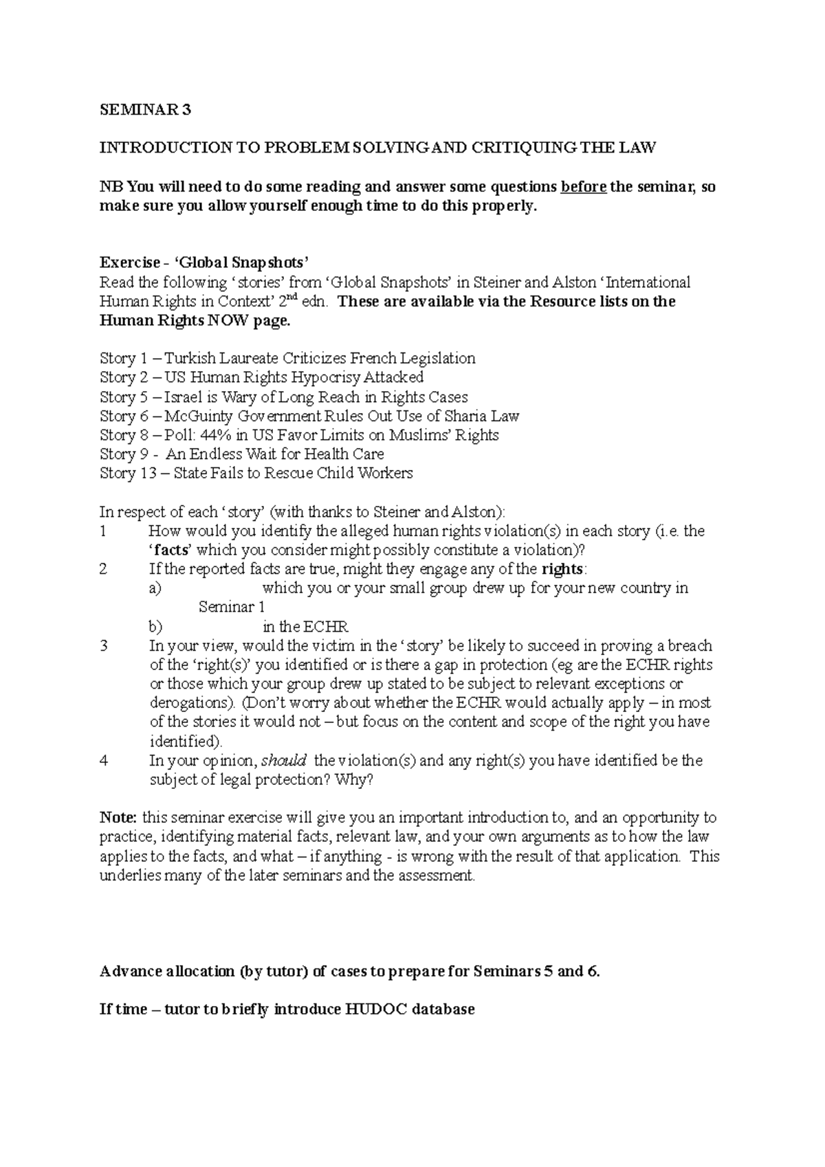 Human Rights Seminar 3 - Introduction to Problem Solving and Critiquing ...
