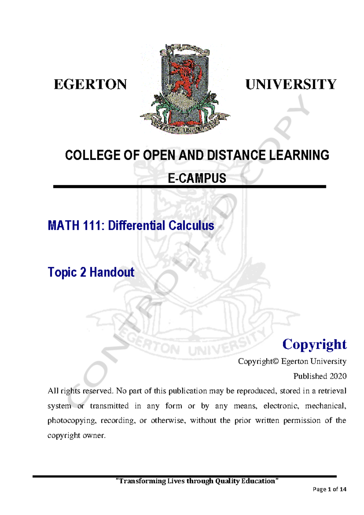 MATH 111 Differential Calculus Topic 2: Limits and Properties Handout ...
