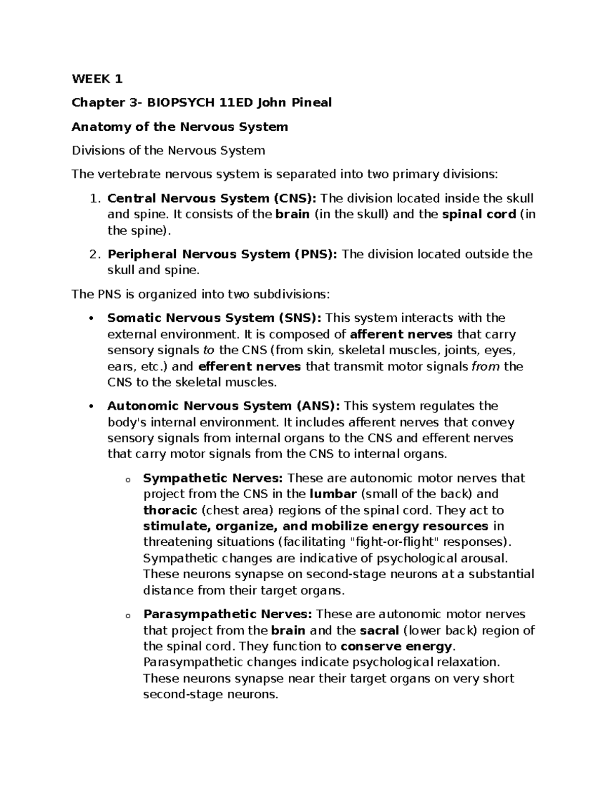 WEEK 1 Study Notes: Anatomy of the Nervous System (BIOPSYCH 11ED ...