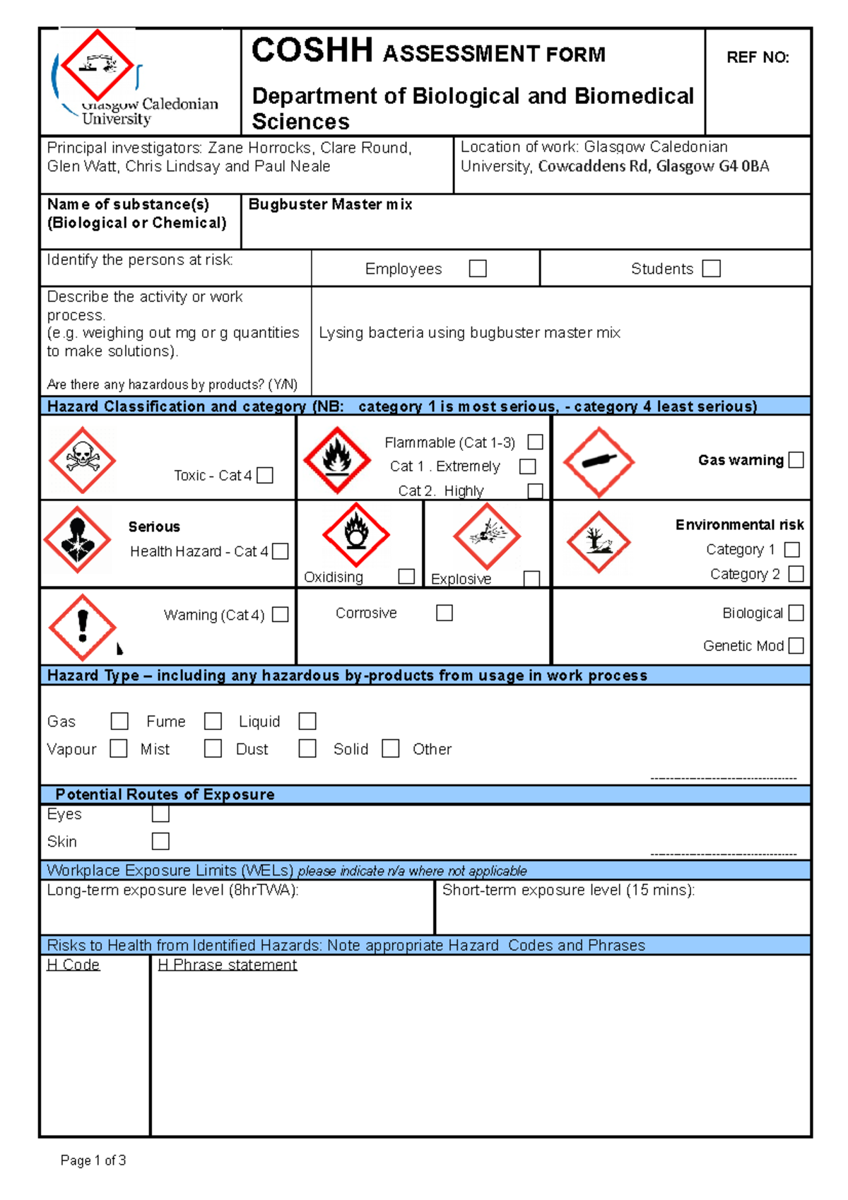 Cossh for lysis of bacteria - COSHH ASSESSMENT FORM Department of ...