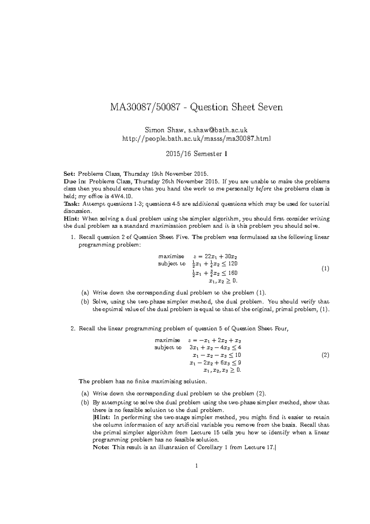MA30087 2015-2016 Problem Sheet 7 - MA30087/50087 - Question Sheet ...