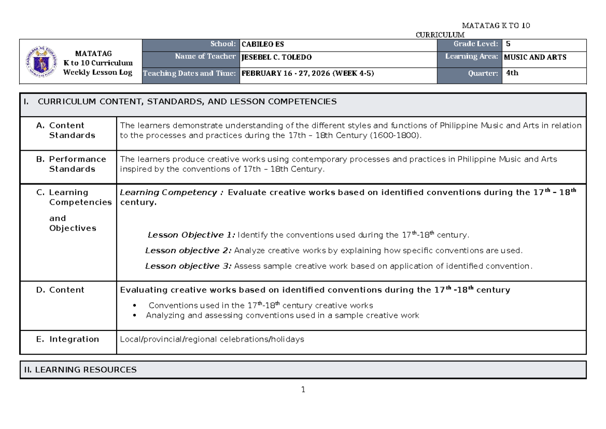 DTC DLL Matatag Music & Arts 5 Q4 Weekly Lesson Log W4-5 - Studocu