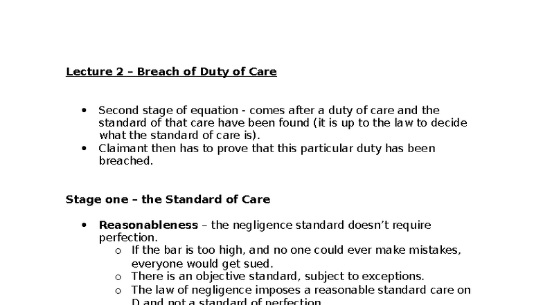 Lecture 2: Breach of Duty of Care - Understanding Negligence Standards ...