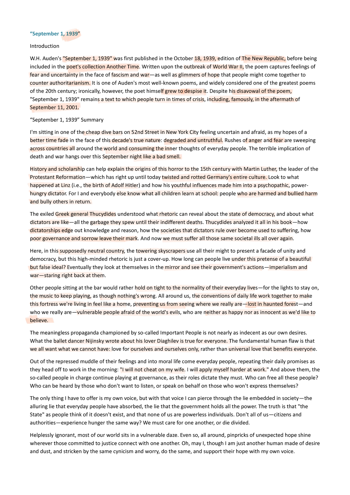 September 1, 1939 - Analysis of W.H. Auden's Poem and Its Themes - Studocu