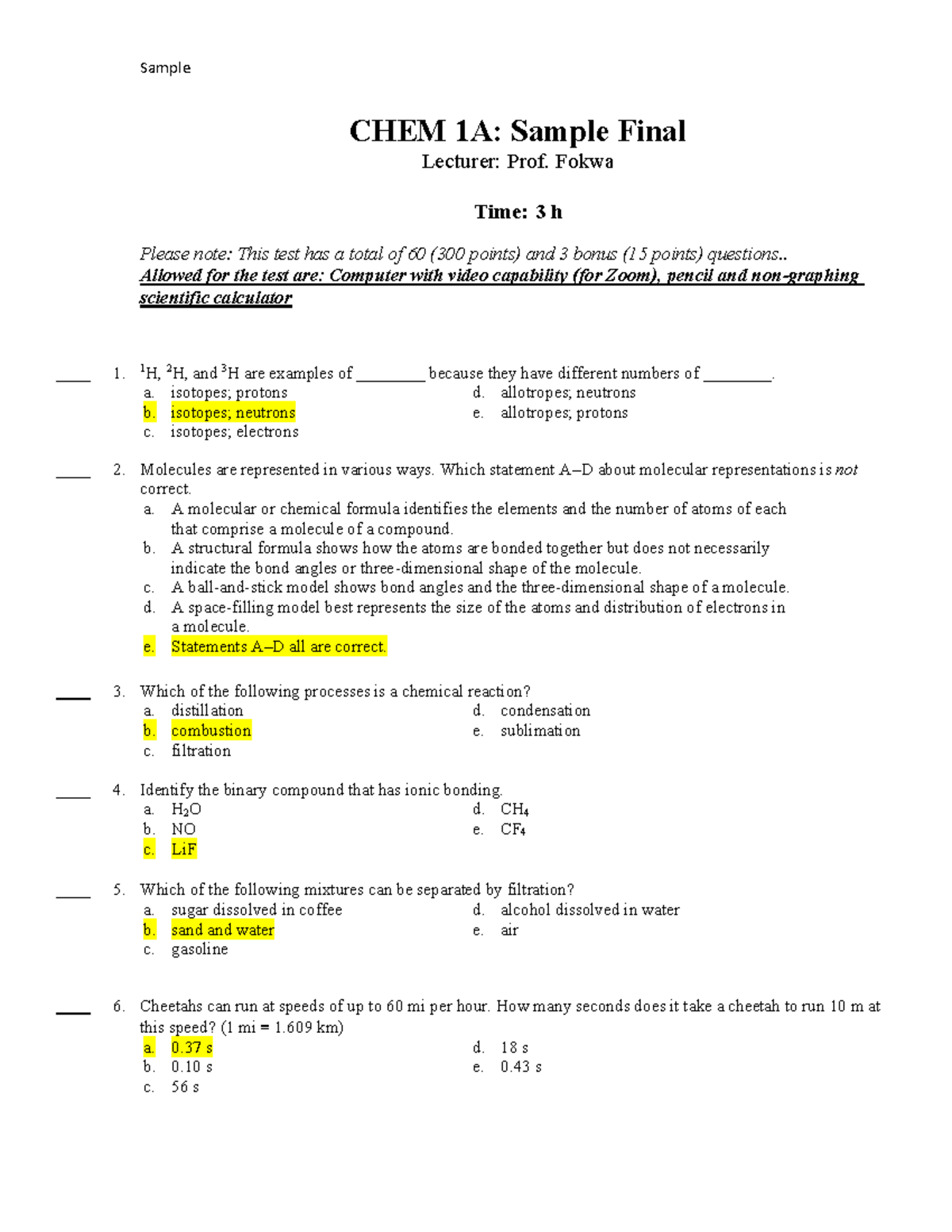 Sample CHEM 1A: Final Exam Study Guide with Key W2026 - Studocu