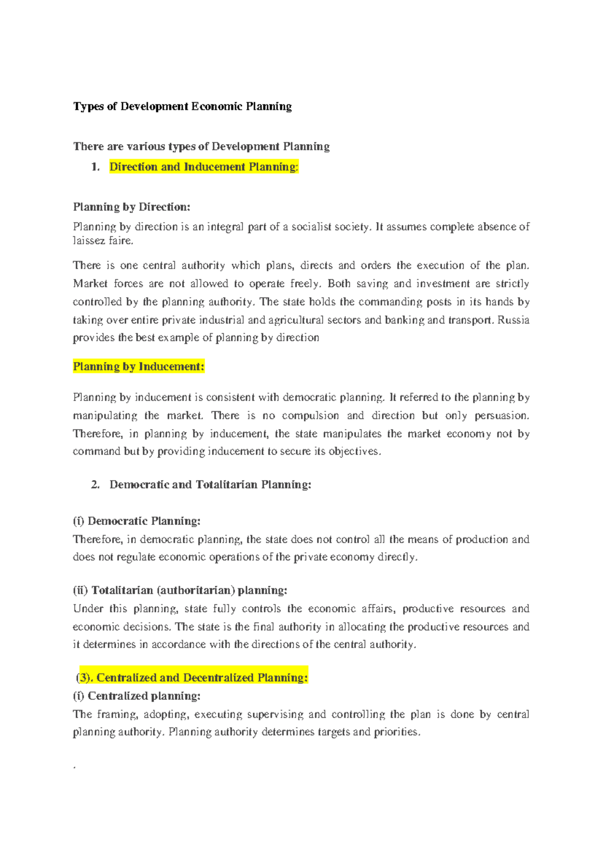 Types of Development Economic Planning - Direction and Inducement ...