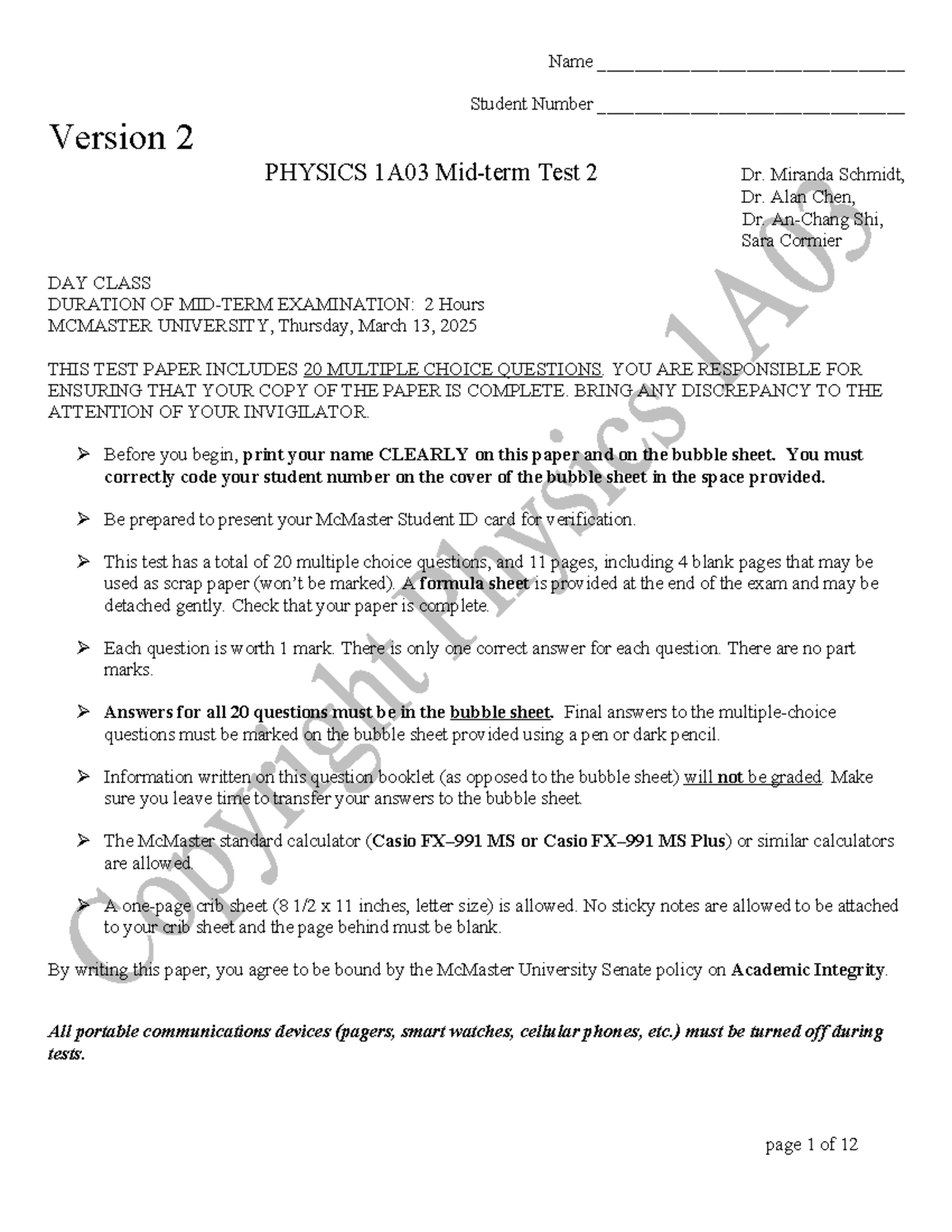 Physics 1A03 Test 2: Multiple choice questions and formula sheet - Studocu