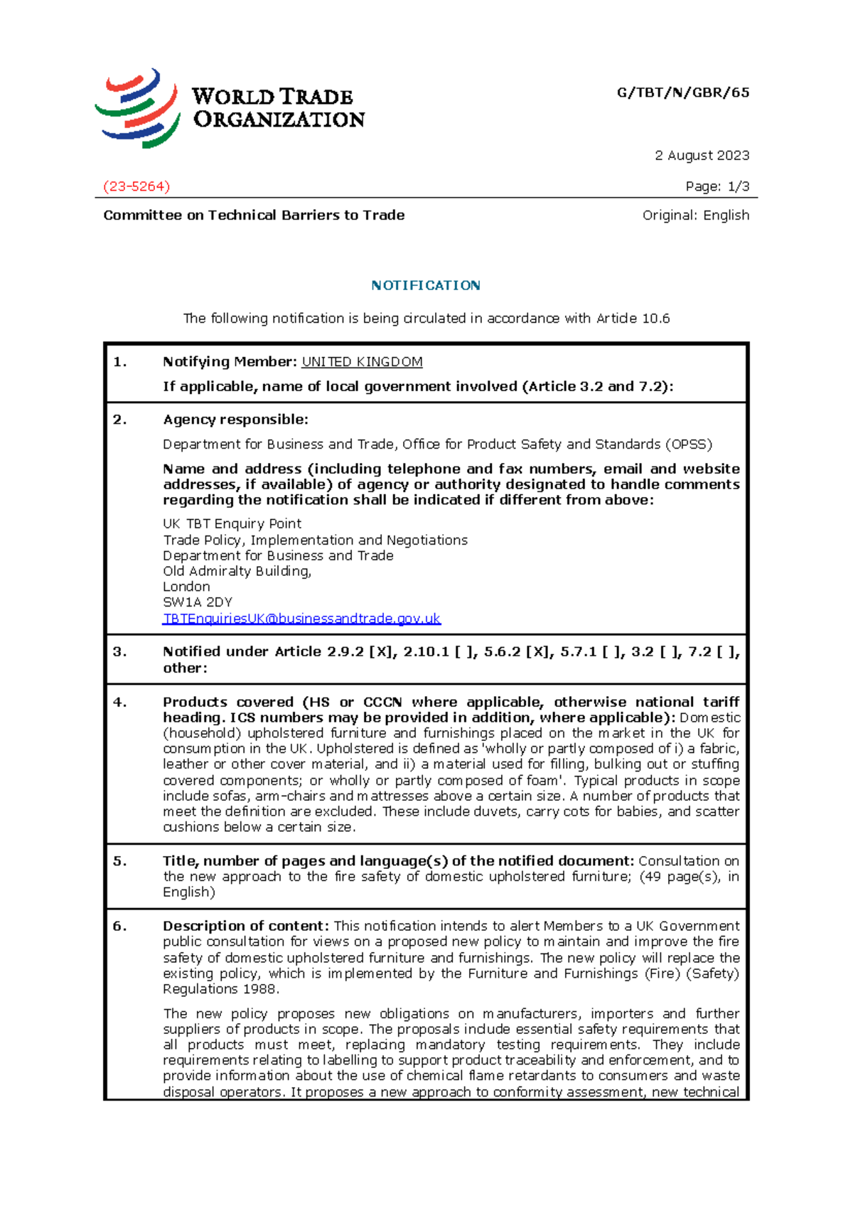 UK TBT Notification: Consultation on Fire Safety for Upholstered ...