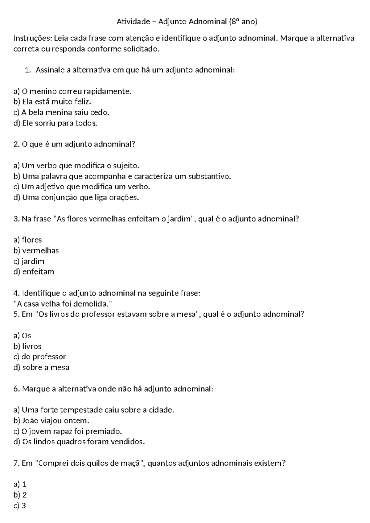 Atividade sobre Adjunto Adnominal (8º ano) - Questões e Respostas - Studocu