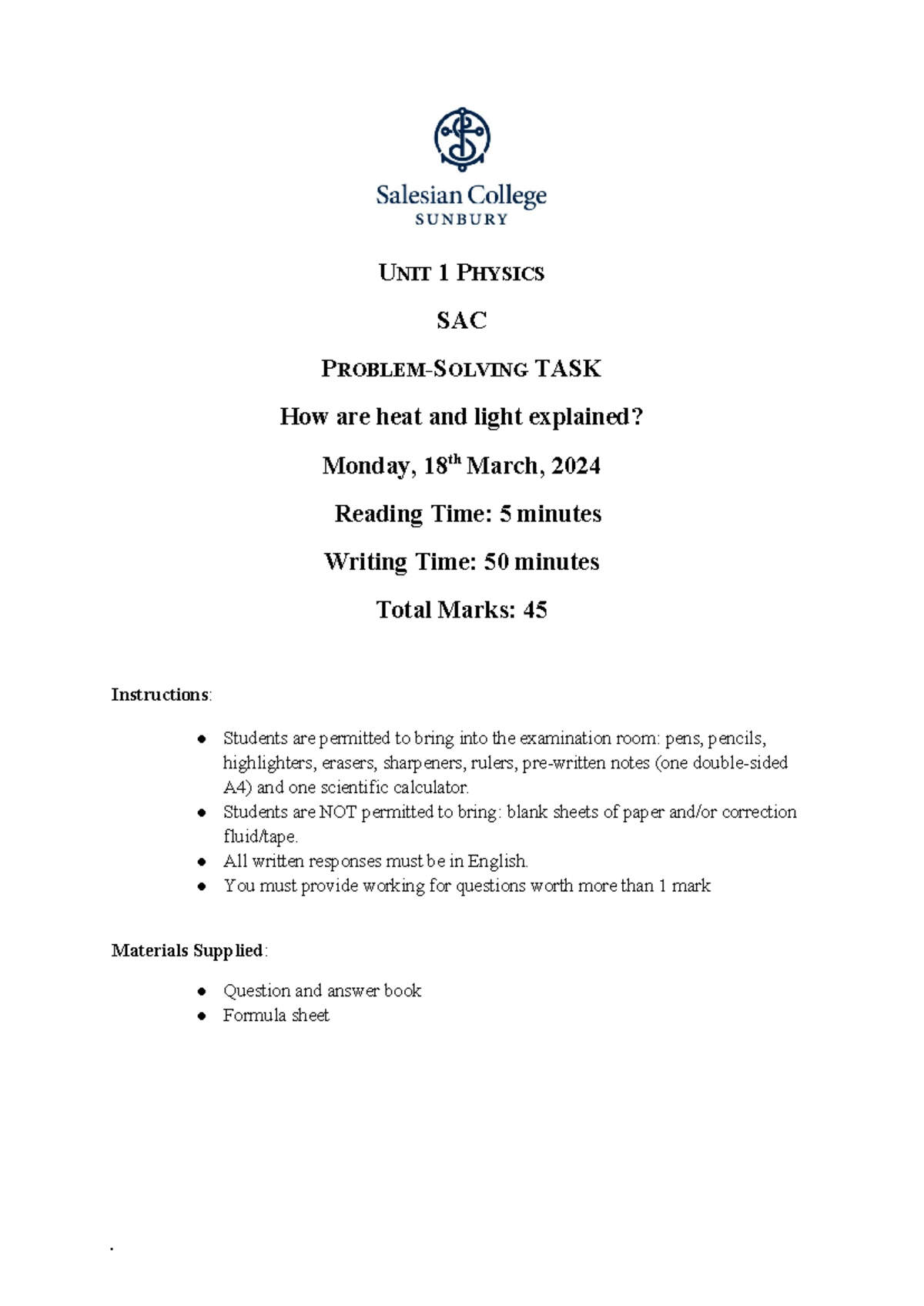 PHYSICS SAC 1 UNIT 1: Heat & Light Explained - Practice 2026 - Studocu