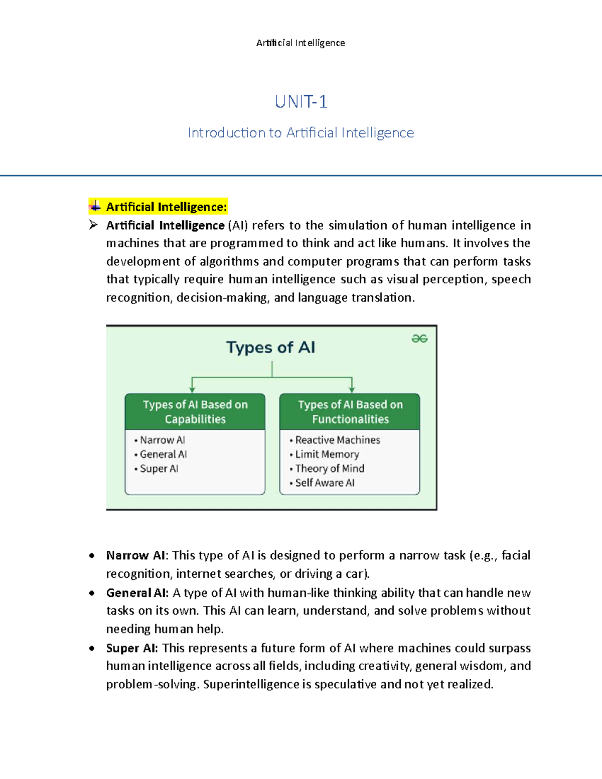 UNIT-1 AI Notes: Introduction to Artificial Intelligence Concepts - Studocu