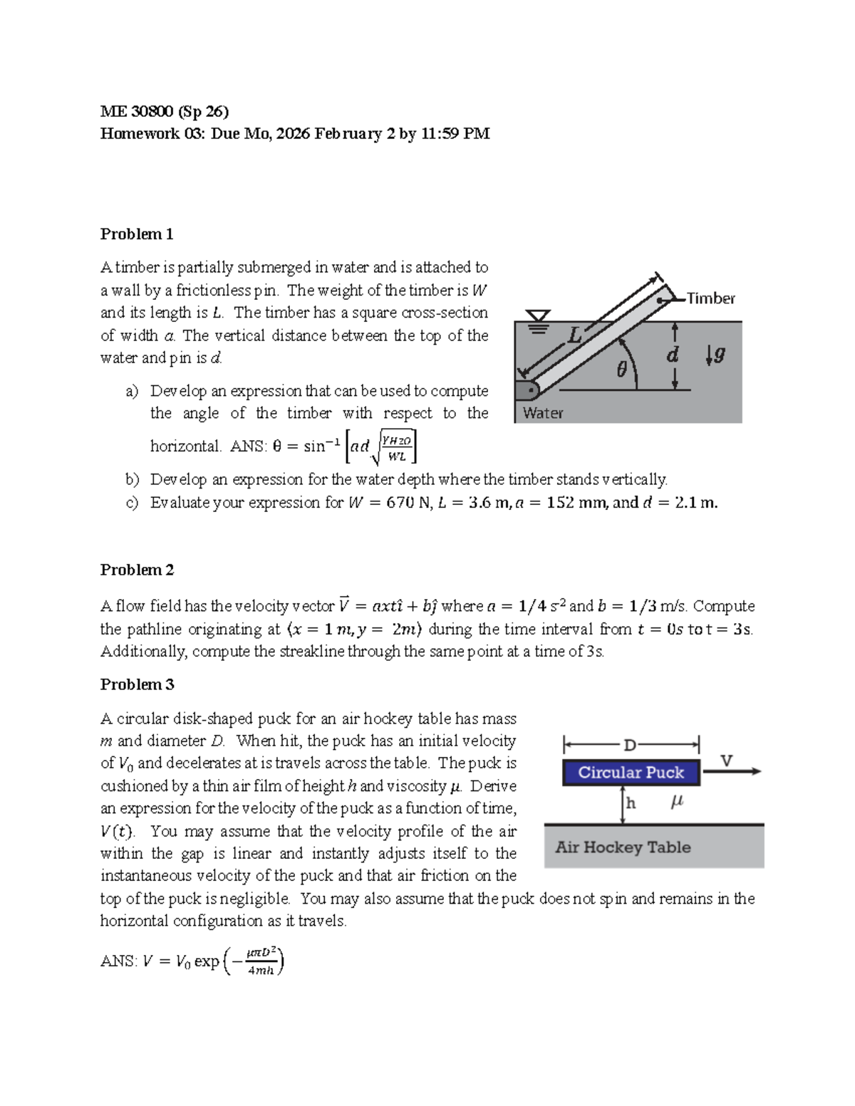 ME 30800 (Sp 26) Homework 03 Solutions: Fluid Mechanics Problems - Studocu