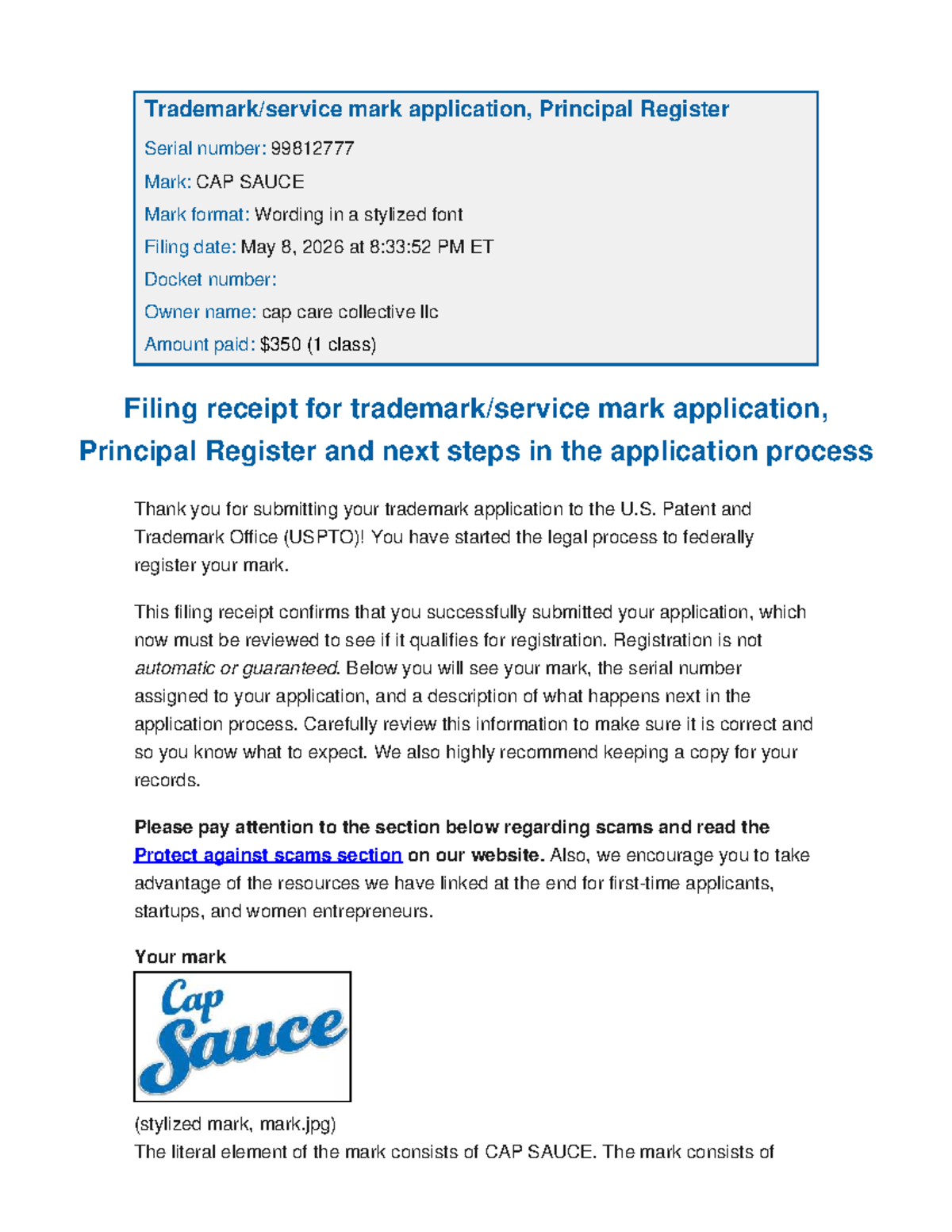 Trademark Application Practical Notes for CAP SAUCE (Class 003) - Studocu