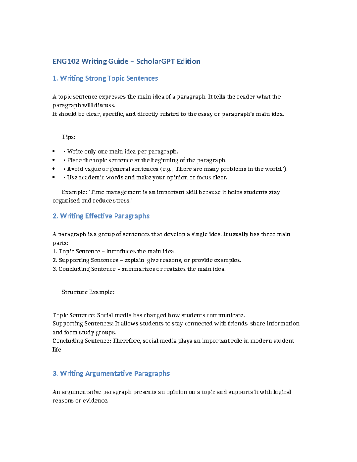 ENG102 Writing Guide: Crafting Strong Topic Sentences and Paragraphs ...