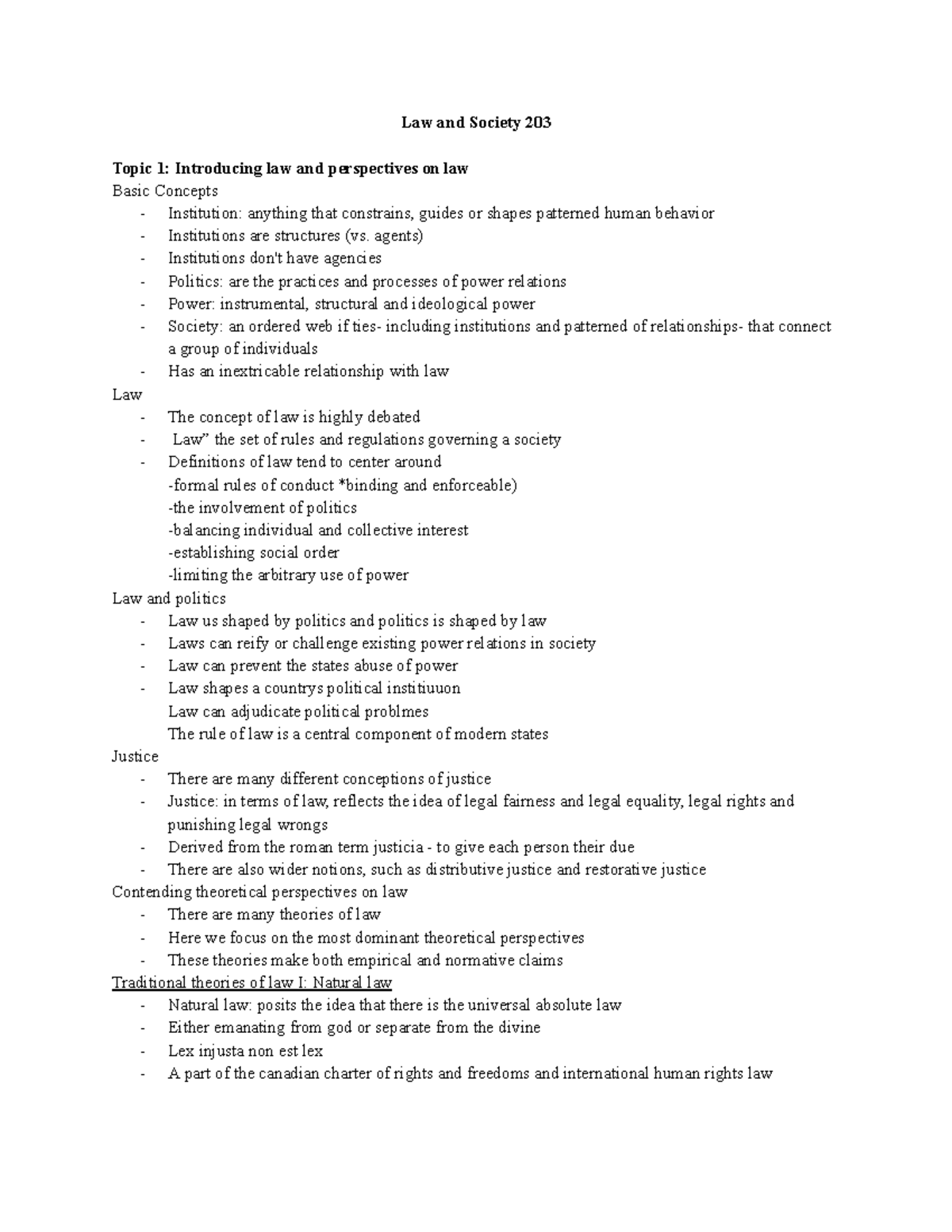 LWSO 203 - Lecture notes - Law and Society 203 Topic 1: Introducing law ...