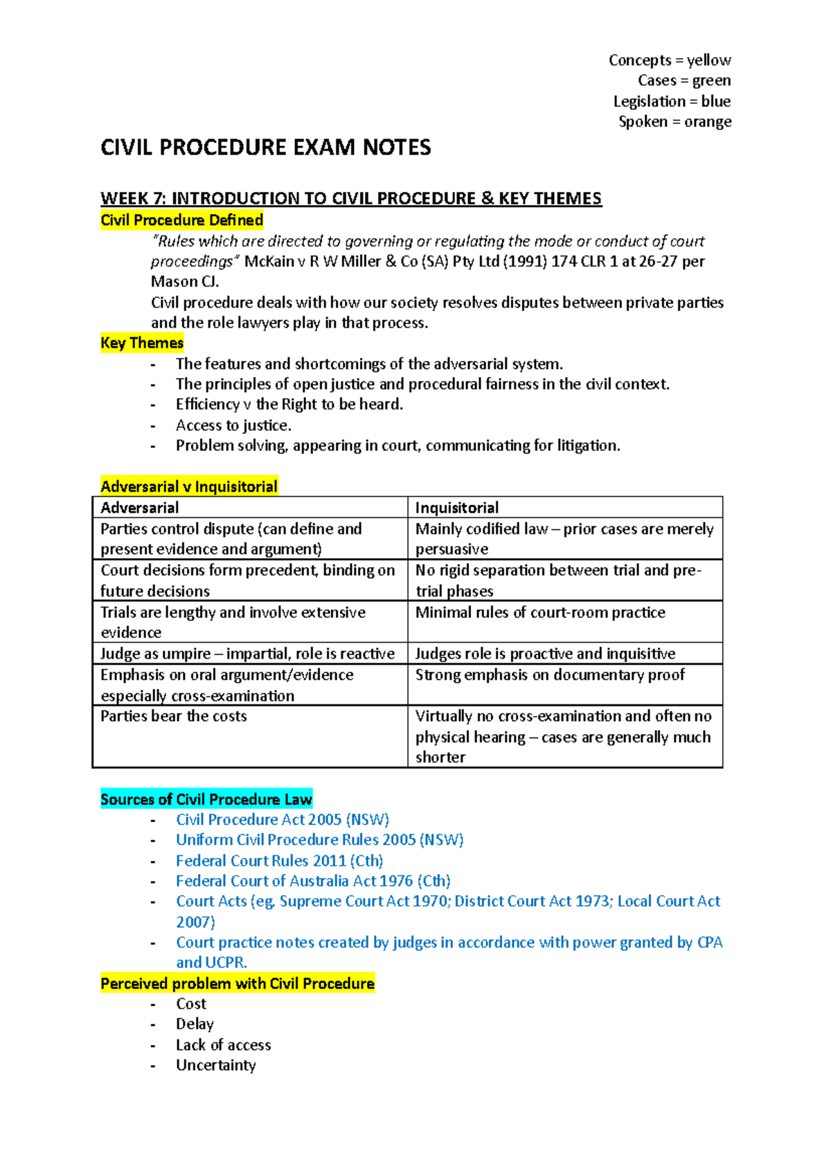 Civil Procedure EXAM Notes - Cases = green Legislation = blue Spoken ...