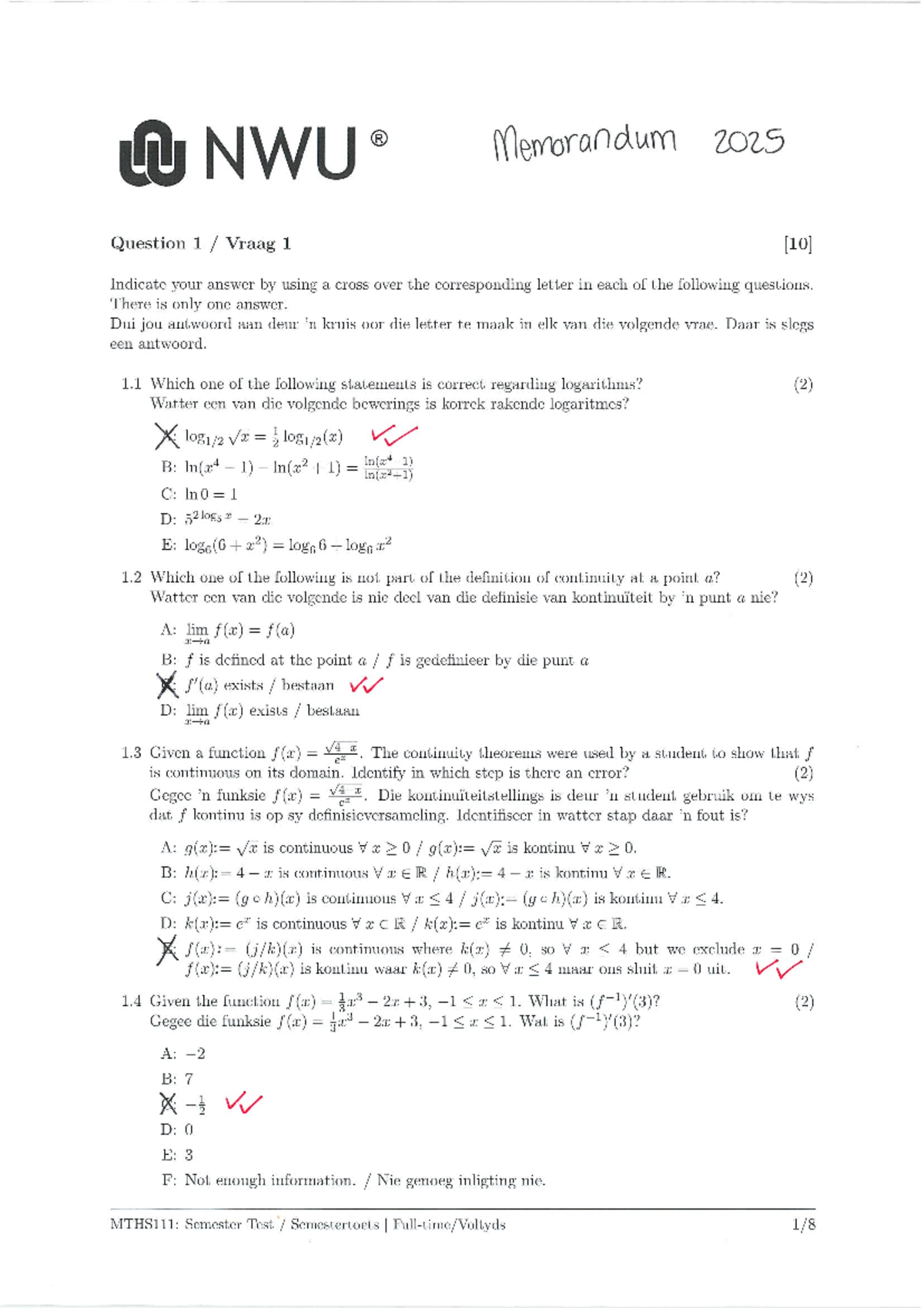 MTHS111: Semester Test 2025 Memo - Detailed Solutions and Explanations ...