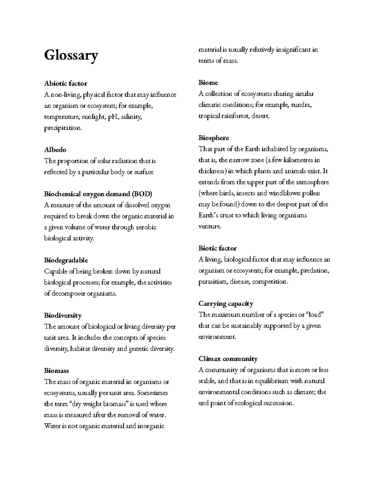 ESS 101 Glossary of Key Terms Related to Abiotic and Biotic Factors ...