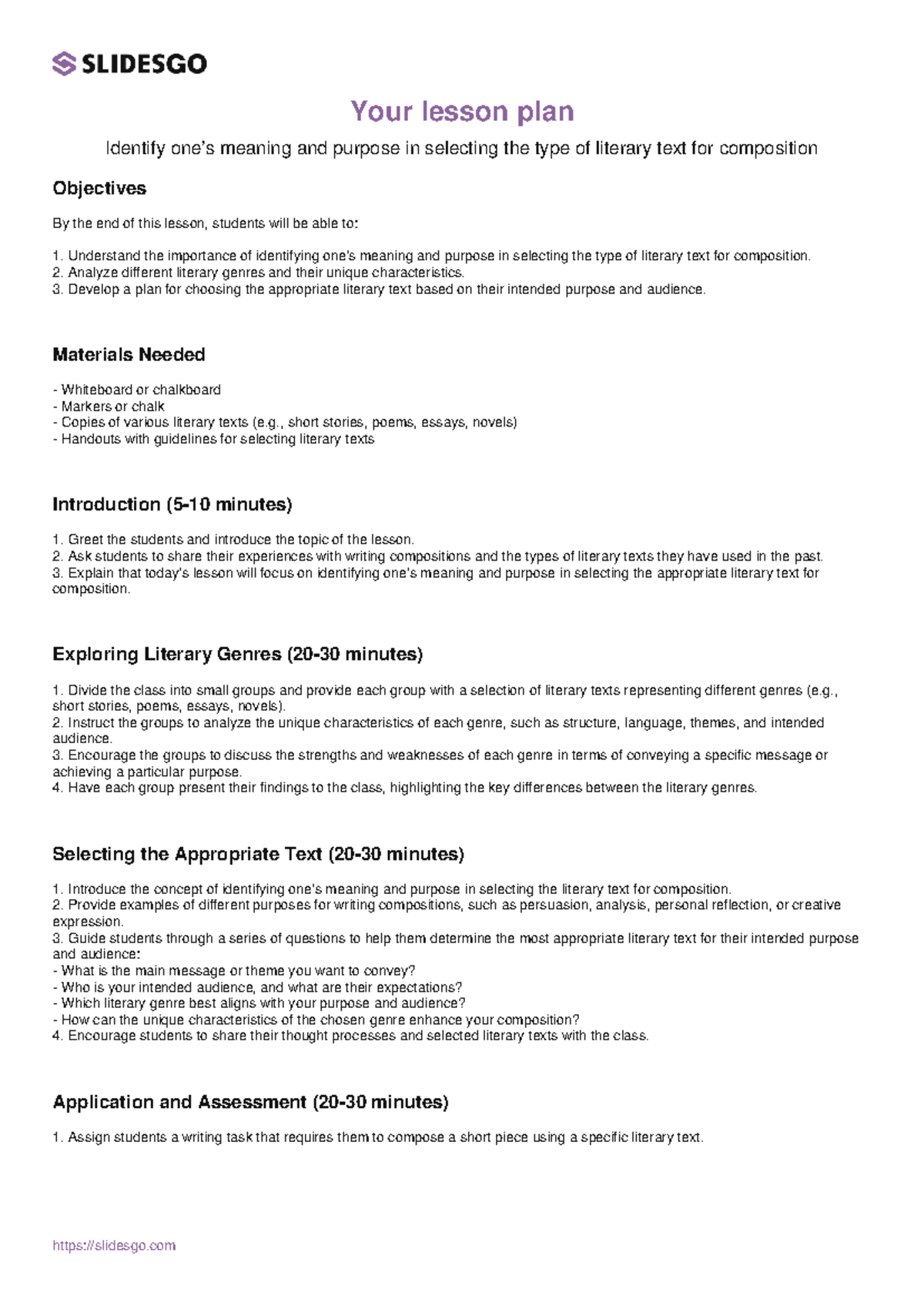 LIT101-Lesson Plan: Selecting Literary Texts for Composition - Document Preview