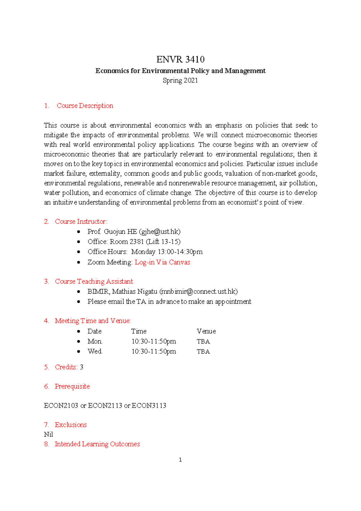 ENVR3410 Course Syllabus: Economics for Environmental Policy - Studocu