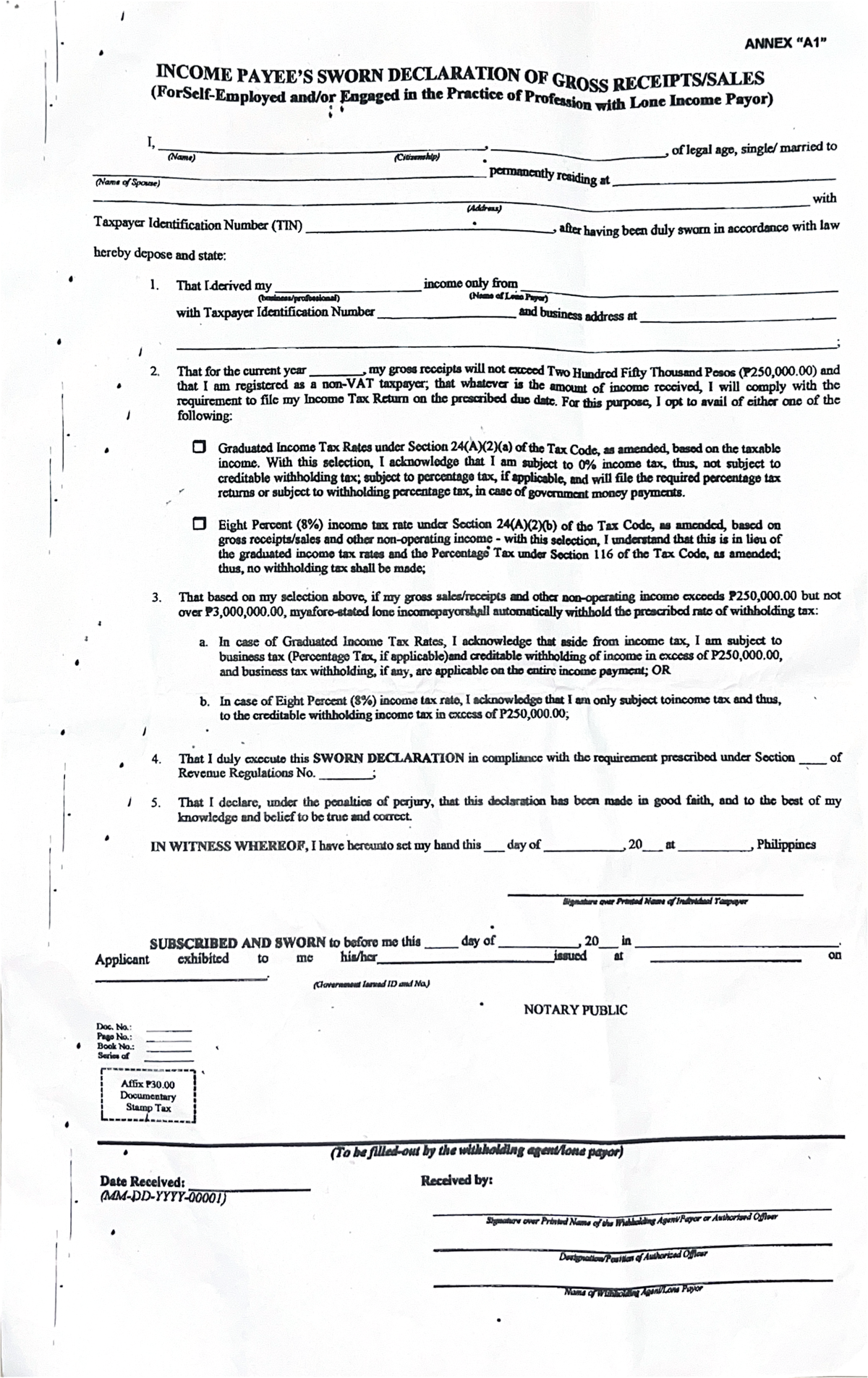 Income Payee'S Sworn Declaration OF Gross Receiptssales - ANNEX INCOME ...