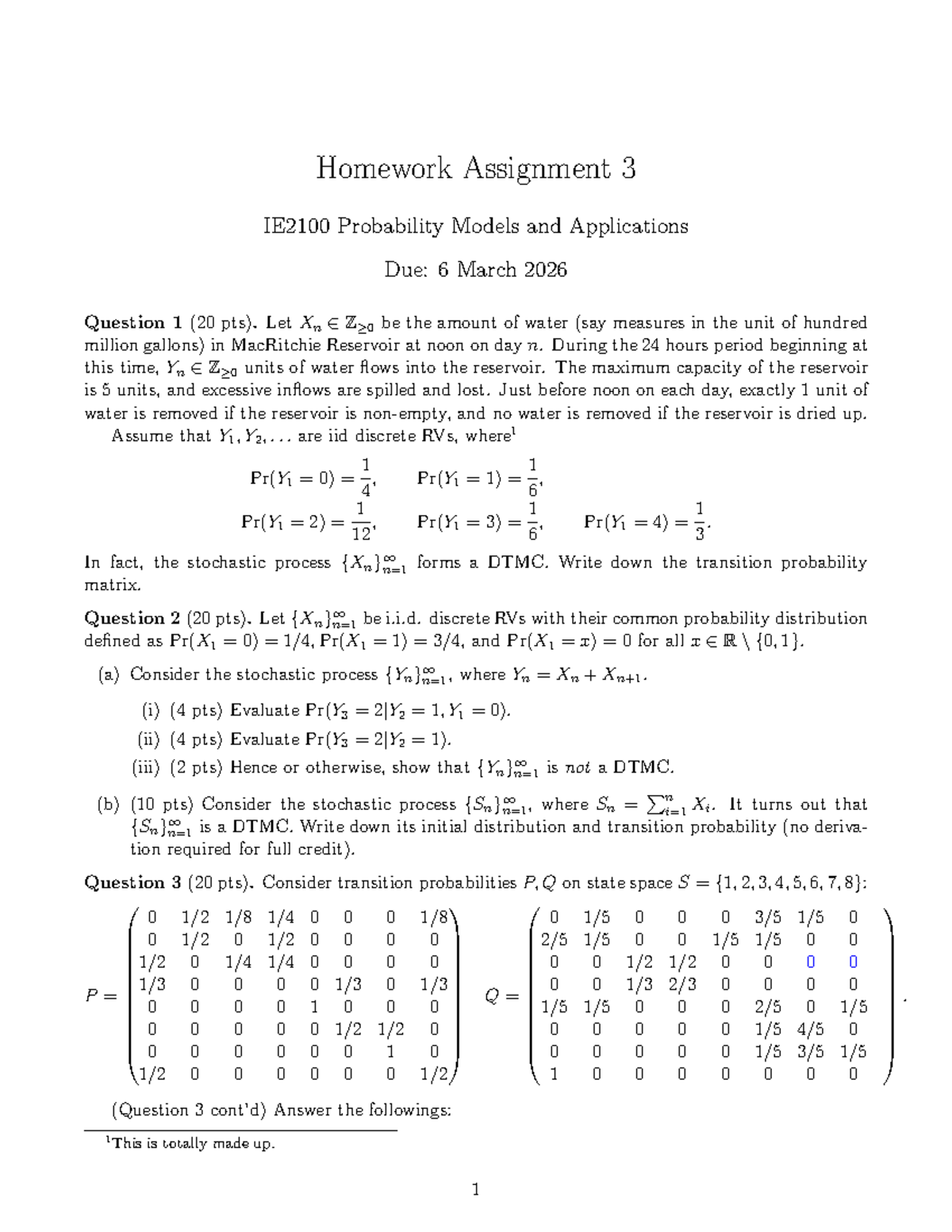 IE2100 Homework Assignment 3: Probability Models & Applications - Studocu
