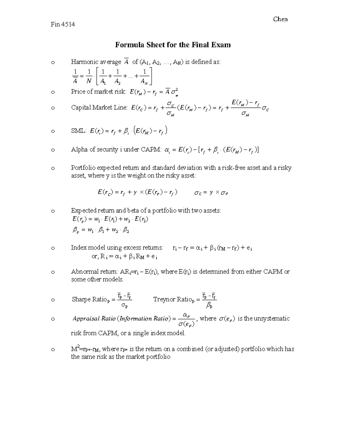 Chen Fin 4514 Final Exam Formula Sheet - Studocu