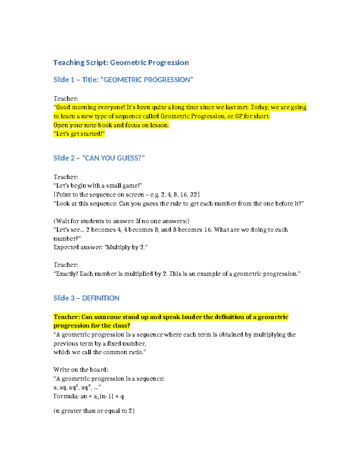 Geometric Progression Teaching Script - Teaching Script: Geometric ...
