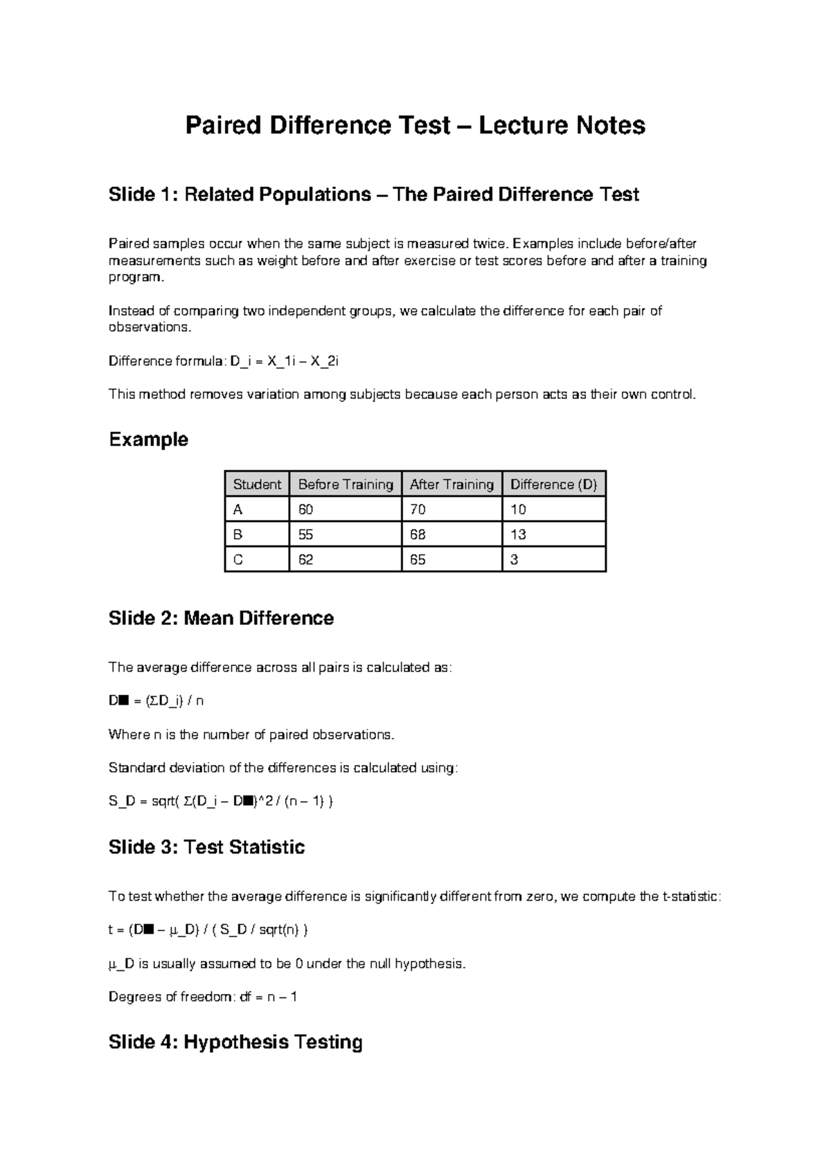 Paired Difference Test Lecture Notes (Course Code: PDT101) - Studocu