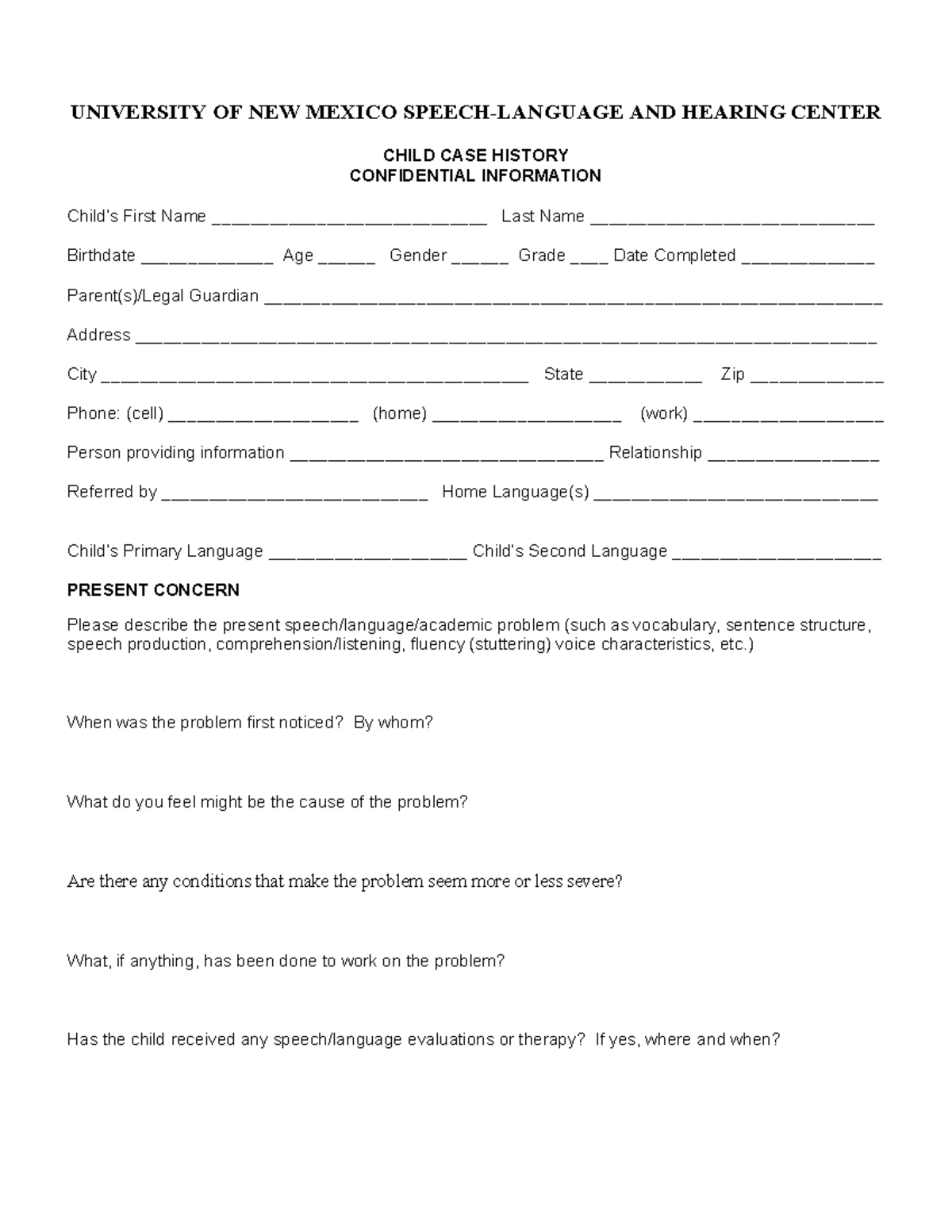 UNM Hearing Center Child Case History Confidential Form - Studocu