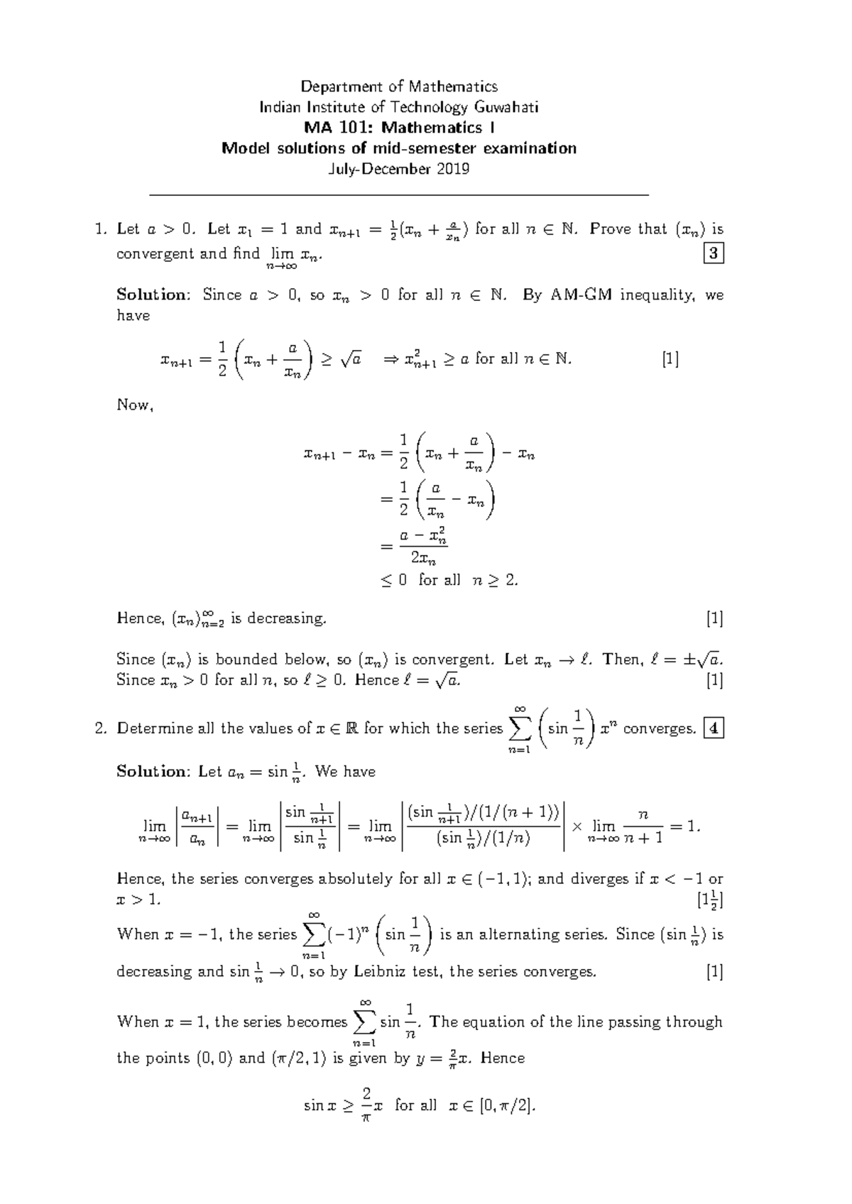 MA 101: Mathematics I Mid-Sem Exam Model Solutions (July-Dec 2019 ...