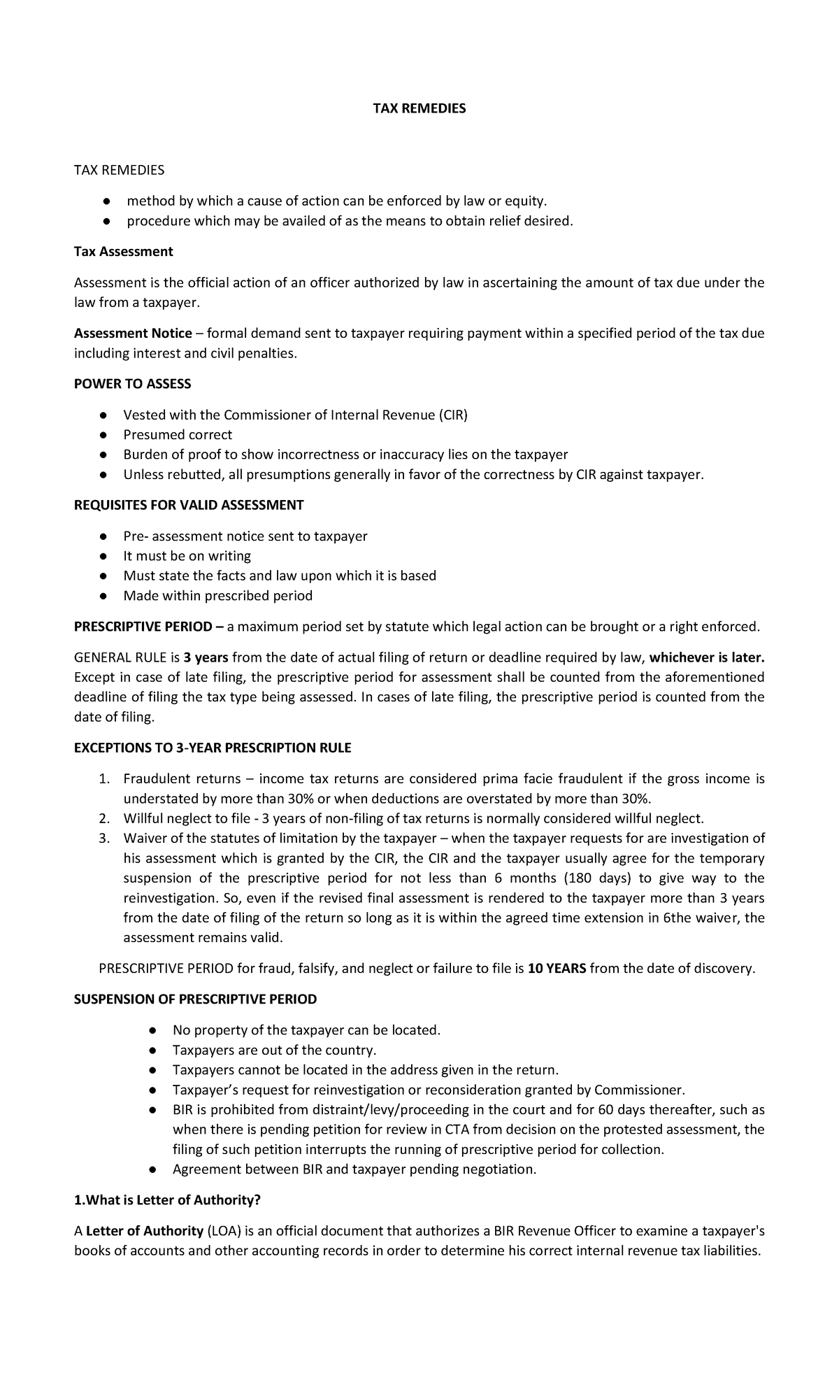 TAX- Remedies and Procedures for Tax Assessment and Collection - Studocu