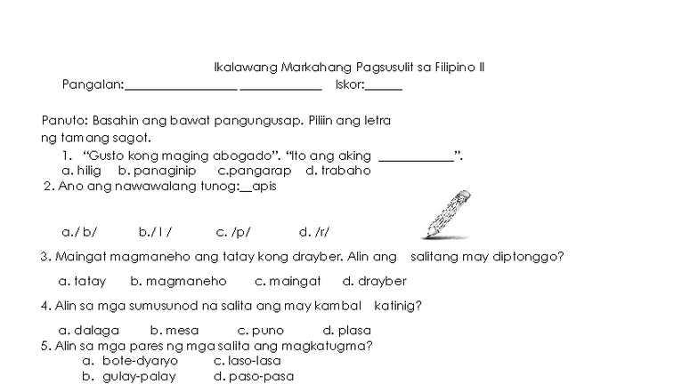 Ikalawang Markahang Pagsusulit sa Filipino II (2nd PT) - Studocu