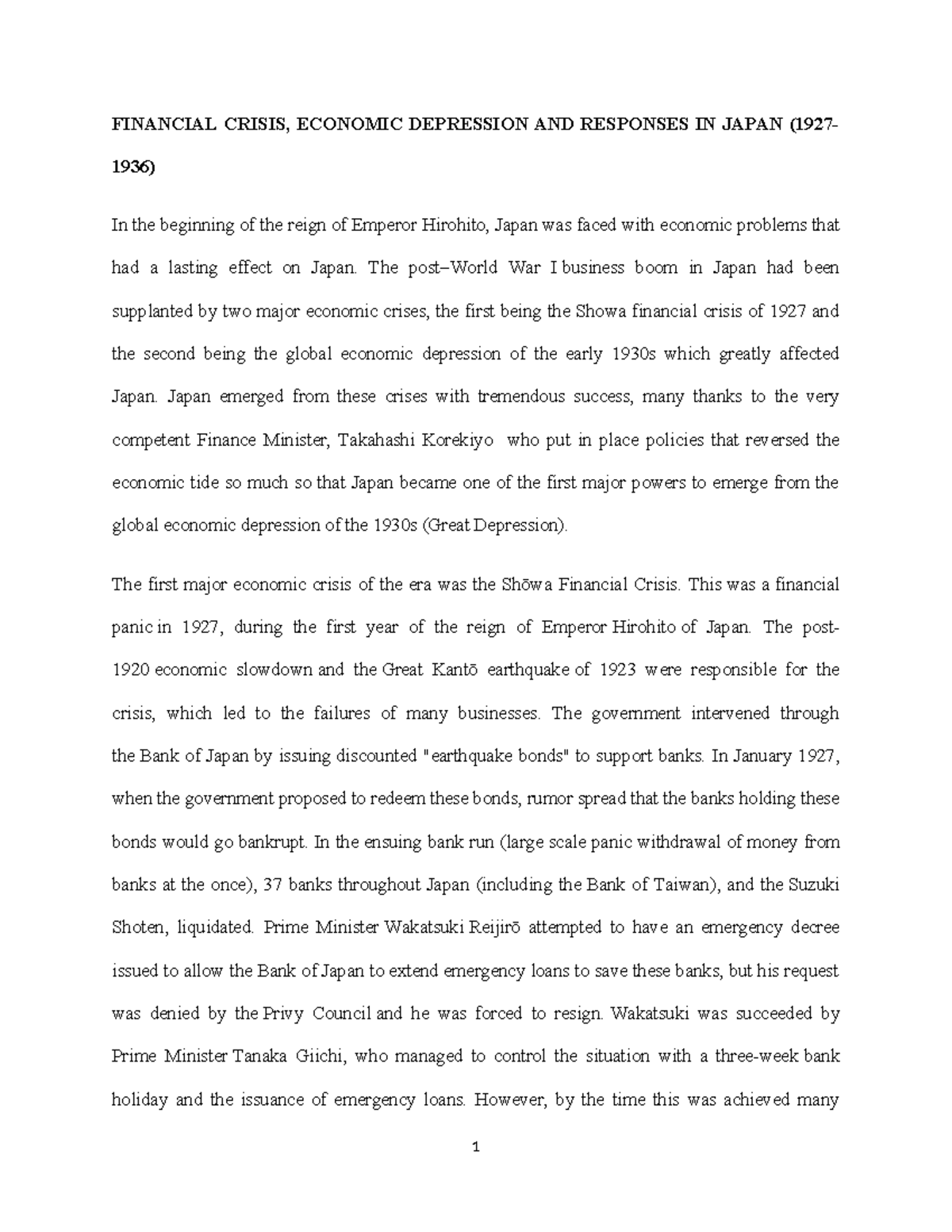 FIN 101: Economic Crises and Responses in Japan (1927-1936) - Studocu