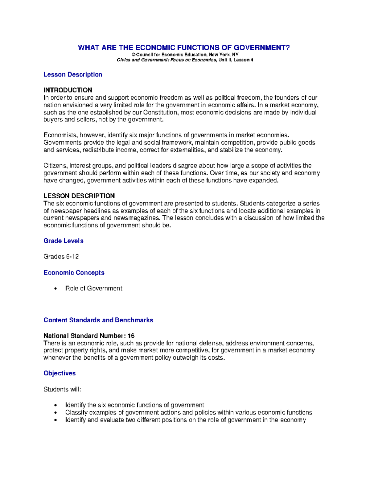 Economic Functions of Government: A Lesson for Grades 6-12 - Studocu