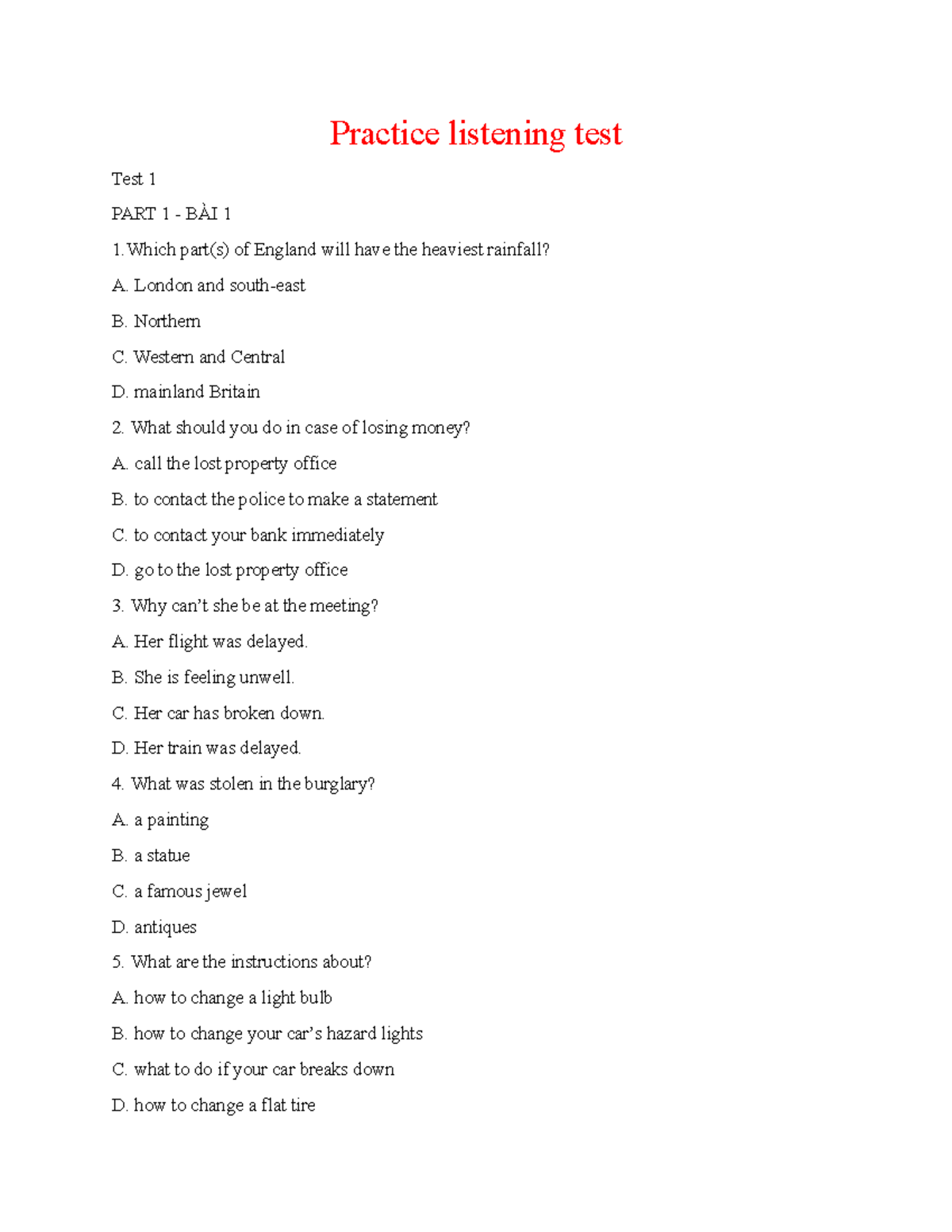 Listening Practice Test 1 & 2: English Comprehension Exercises - Studocu